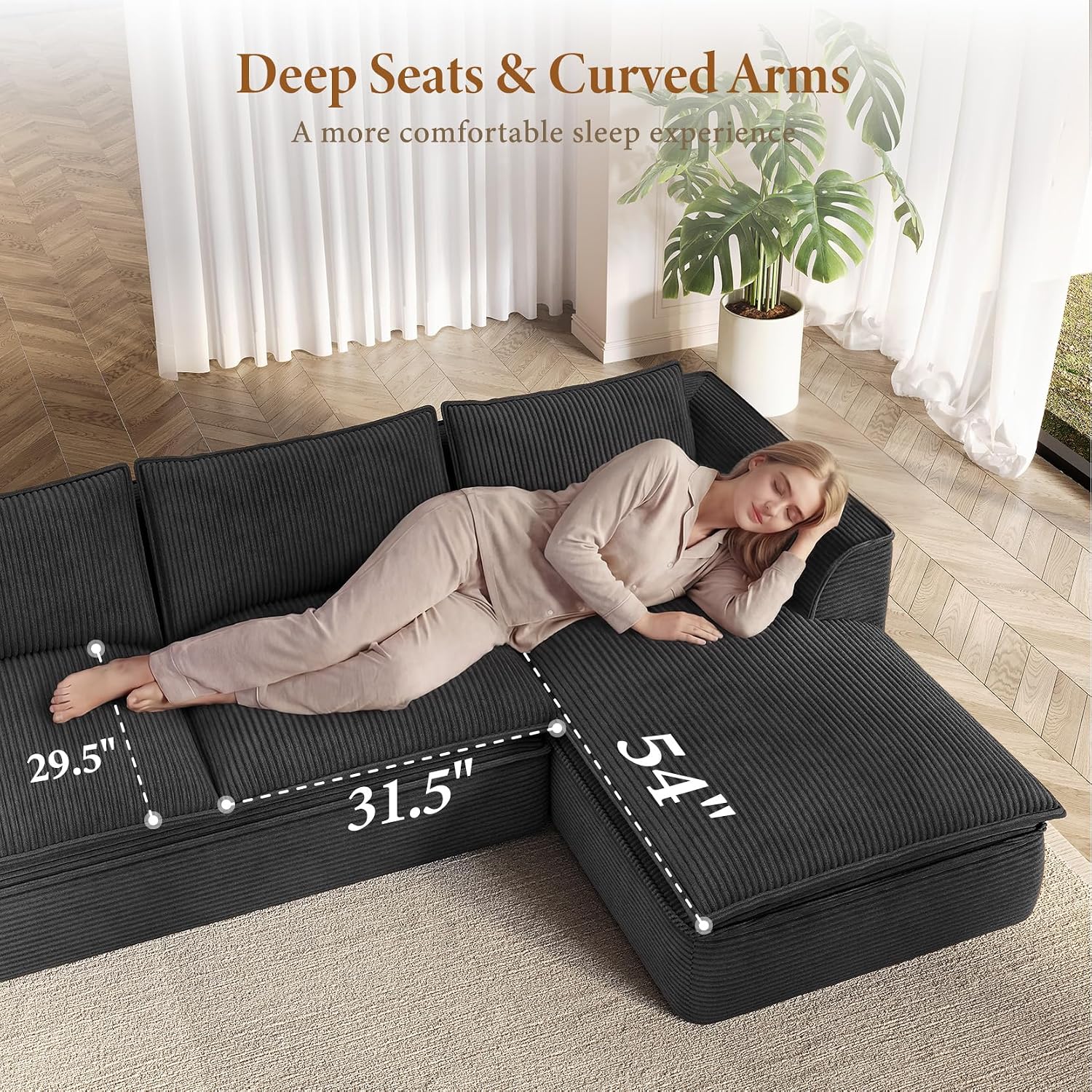 Vesgantti 141.7' Oversized Boneless Sectional Couch, Modern 7 Seater Modular Sofa with Chaise & Ottoman, Deep Seat Convertible Corduroy Cloud Couches for Living Room, No Assembly Required, Black