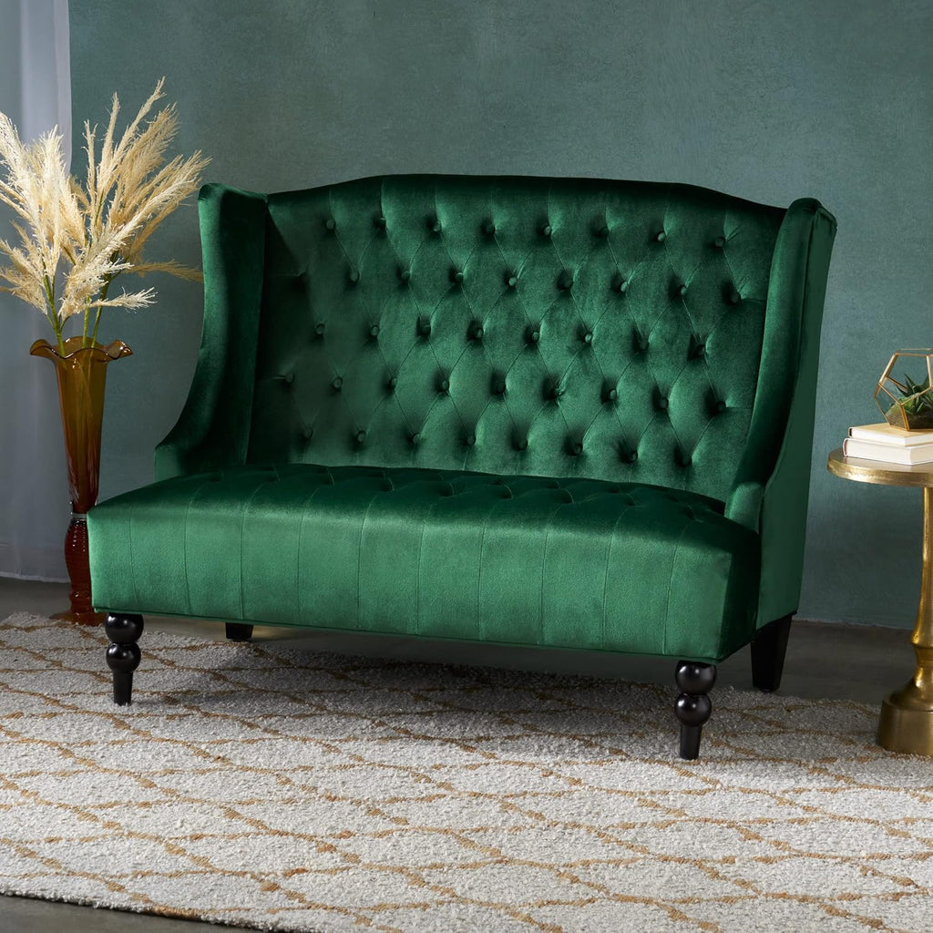 Modern Tufted Velvet Wingback Loveseat, Tufted Velvet 2 Seat Couch Sofas with High Back Thick Padded Cushioned Seats for Living Room, Victorian Style, Emerald
