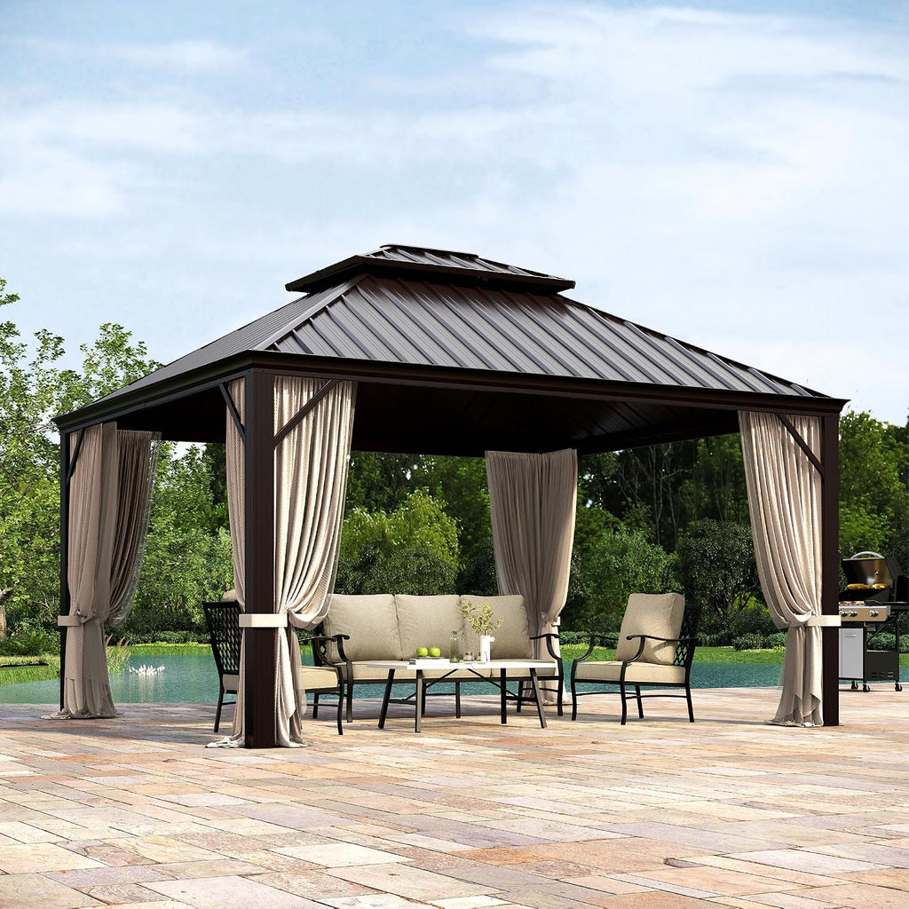 MIXPATIO 12' x 14' Hardtop Gazebo, Galvanized Steel Metal Double Roof Gazebo, Permanent Outdoor Metal Pavilion with Curtain and Netting for Deck, Backyard, Patio, Lawns