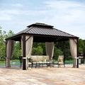 MIXPATIO 12' x 14' Hardtop Gazebo, Galvanized Steel Metal Double Roof Gazebo, Permanent Outdoor Metal Pavilion with Curtain and Netting for Deck, Backyard, Patio, Lawns
