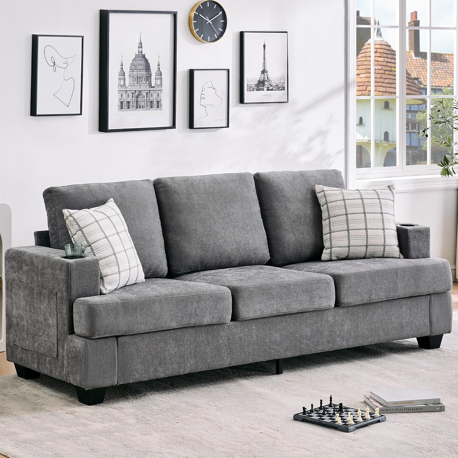 89' Chenille 3-Seater Sofa with Cup Holders and Side Storage Pockets, Modern Sofa for Living Room, Deep Seat Couches for Apartment Lounge, Grey