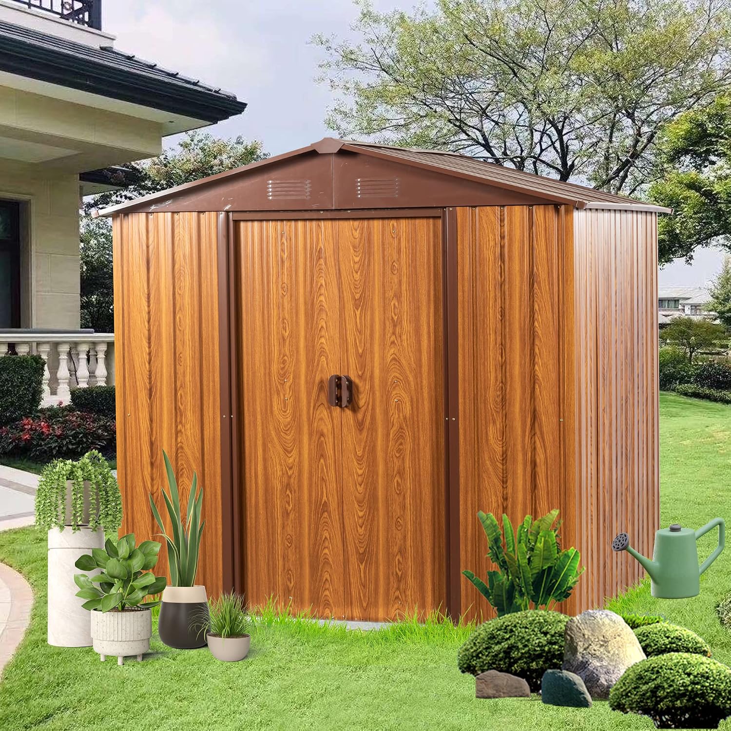 6x6 ft Outdoor Metal Storage Shed with Floor Floor, Lockable Galvanized Steel Tool Shed with Sliding Door and Air Vent, Waterproof Garden Storage House for Backyard, Patio