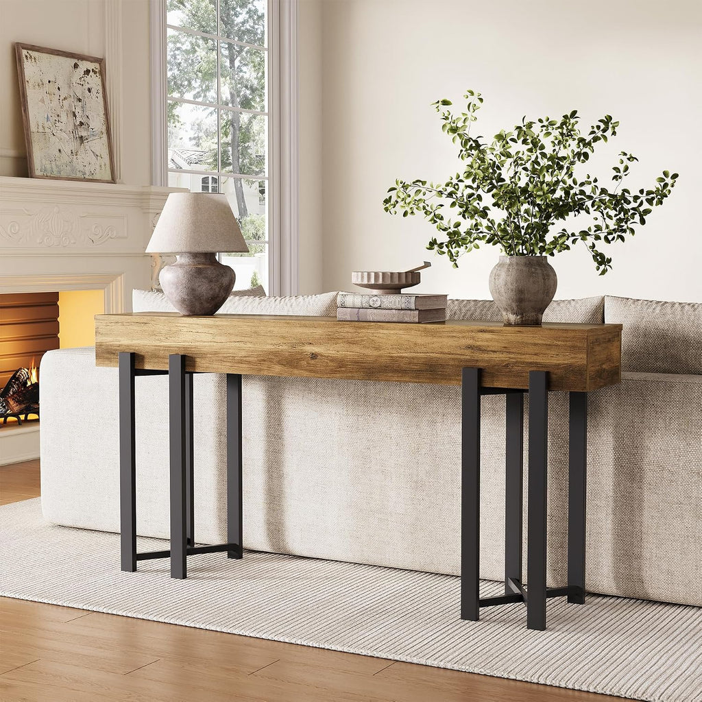 LITTLE TREE 63-Inch Console Table for Entryway, Industrial Behind Couch Table, Minimalist Sofa Table for Living Room, Rustic Brown Wooden Hallway Foyer Table with Black Metal Frame