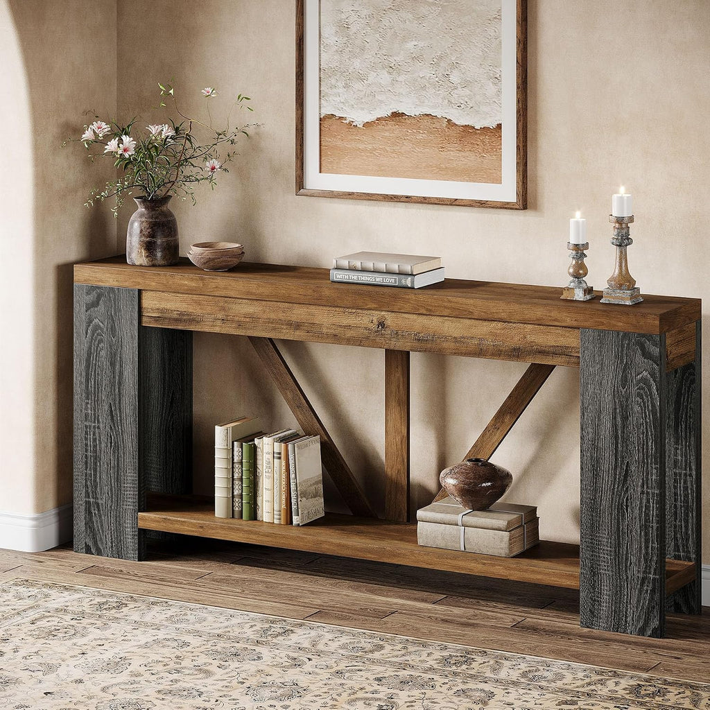 Tribesigns 70.9' Narrow Long Console Table, 2-Tier Farmhouse Entryway Table with Storage Shelf, Rustic Sofa Table Behind Couch for Hallway, Foyer, Living Room, Rustic Brown&Grey
