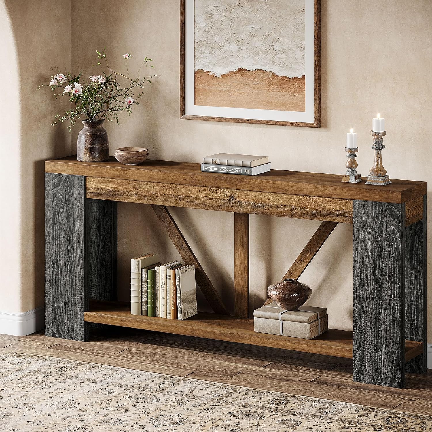 Tribesigns 70.9' Narrow Long Console Table, 2-Tier Farmhouse Entryway Table with Storage Shelf, Rustic Sofa Table Behind Couch for Hallway, Foyer, Living Room, Rustic Brown&Grey
