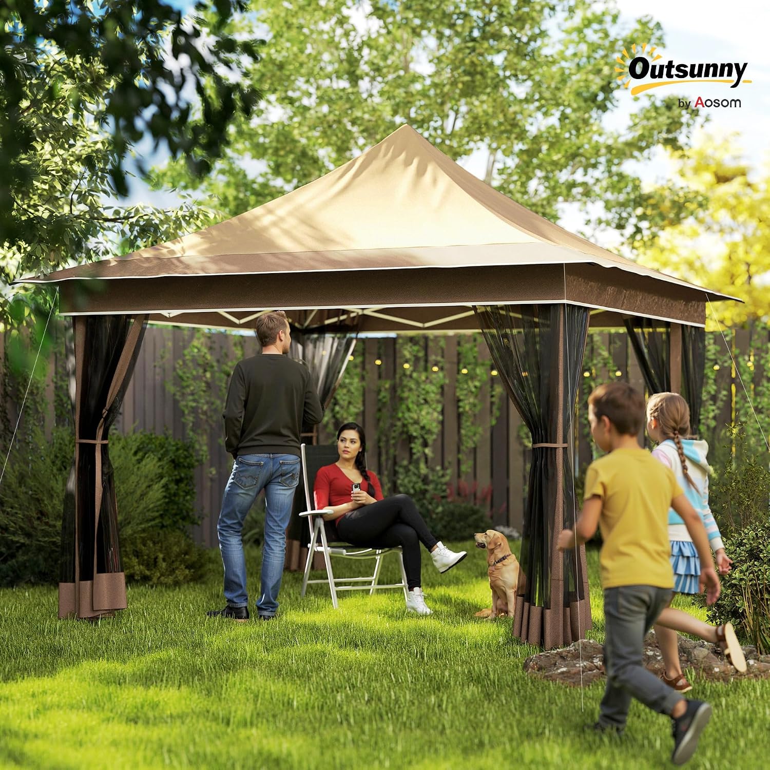 Outsunny 12 x 12 ft. Pop Up Canopy Tent with Mesh Netting, UPF50+ Instant Sun Shelter with Carry Bag, Height Adjustable Party Tent Instant Event Shelter for Garden, Patio, Beige