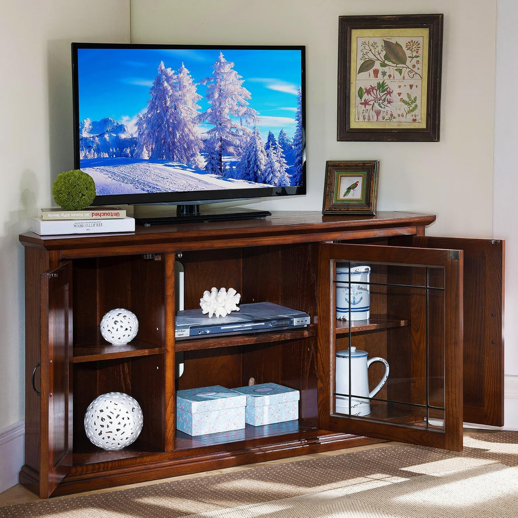 Leick Home 80385 Leaded Glass Three Door Corner TV Stand with Enclosed Storage For 50' TV's, Burnished Oak