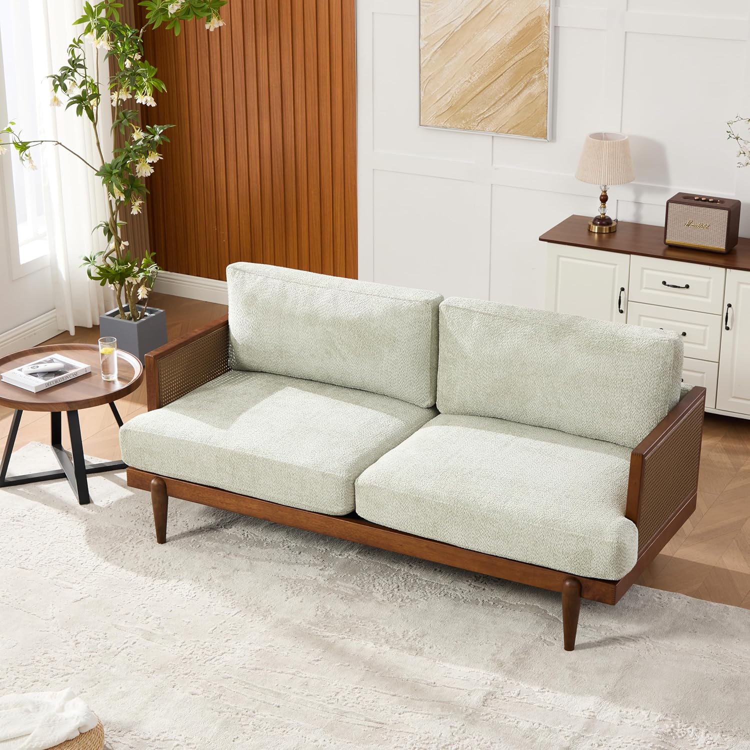 Christopher Knight Home Emir Modern 3 Seater Sofa Couch, Wooden Home Sofa Living Room, Spacious Seating for Bedroom, Home Office, Comfy Cloud Couch, Walnut + Light Green