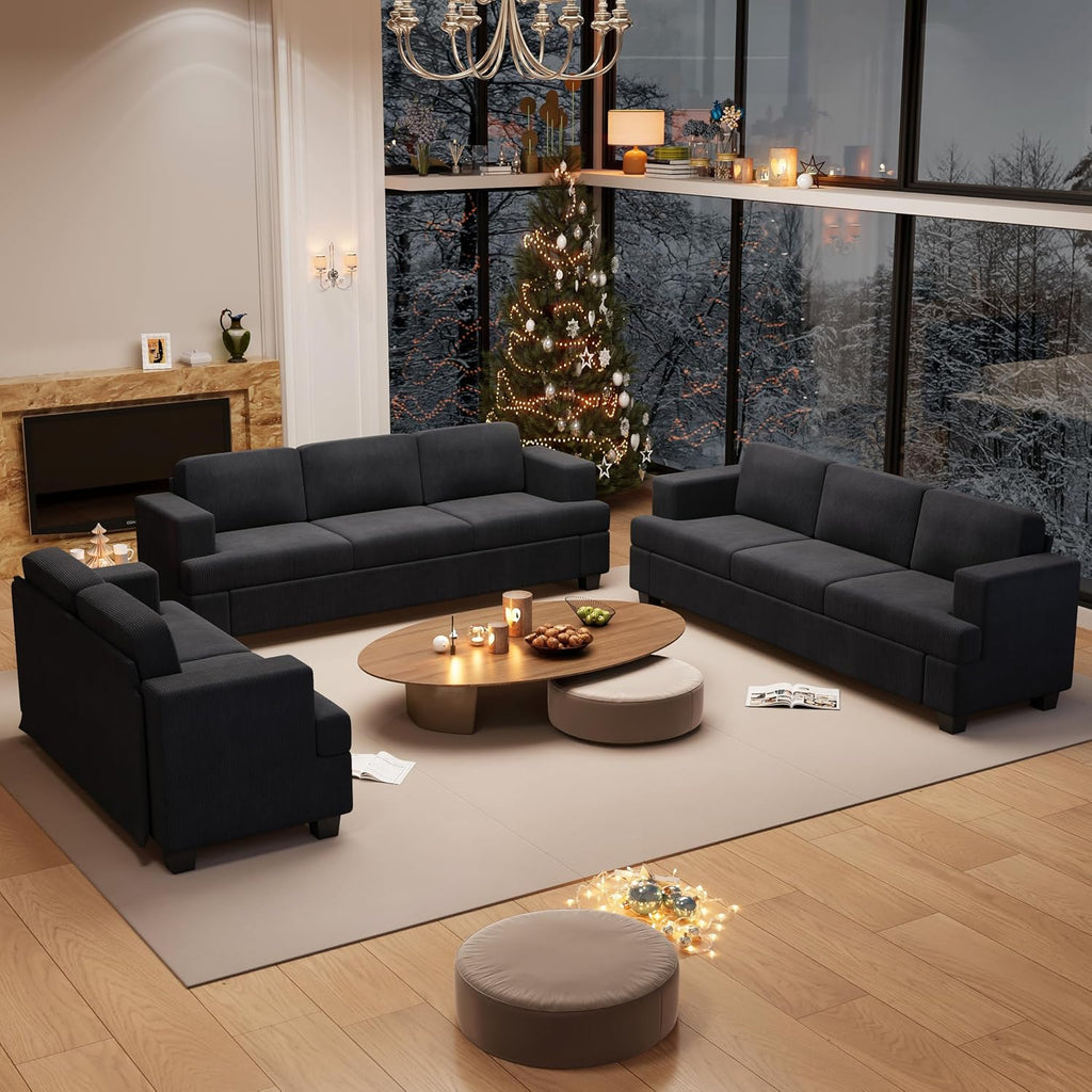 YOUDENOVA 3 Pieces Corduroy Couch Set for Living Room, 8 Seats Cloud Sofa, Deep Seat Floor Couch for Bedroom, Futon Modern Sofa Sectional Bed, Black Corduroy