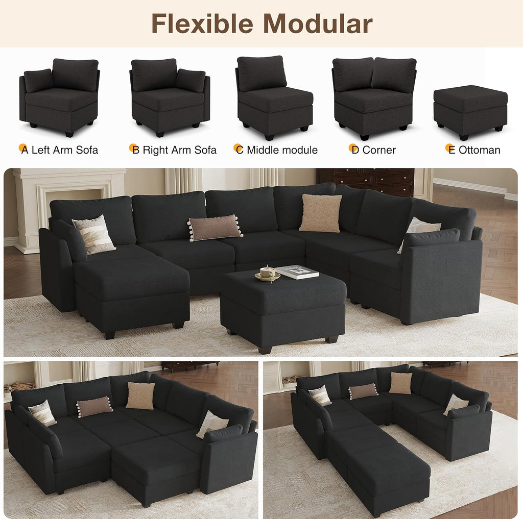 Modular Sectional Sofa Couches, Large Convertible Modular Couches with Storage, 8-Seater Sectional Sofa for Living Room, U Shaped Sectional Couch Sleeper Sofa with Chaise (Black, 8 Seats)