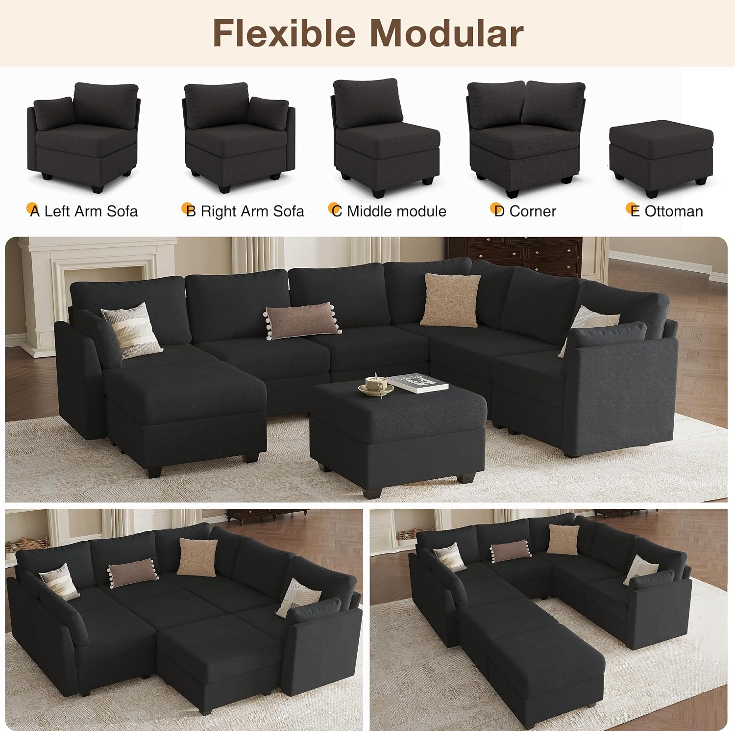 Modular Sectional Sofa Couches, Large Convertible Modular Couches with Storage, 8-Seater Sectional Sofa for Living Room, U Shaped Sectional Couch Sleeper Sofa with Chaise (Black, 8 Seats)