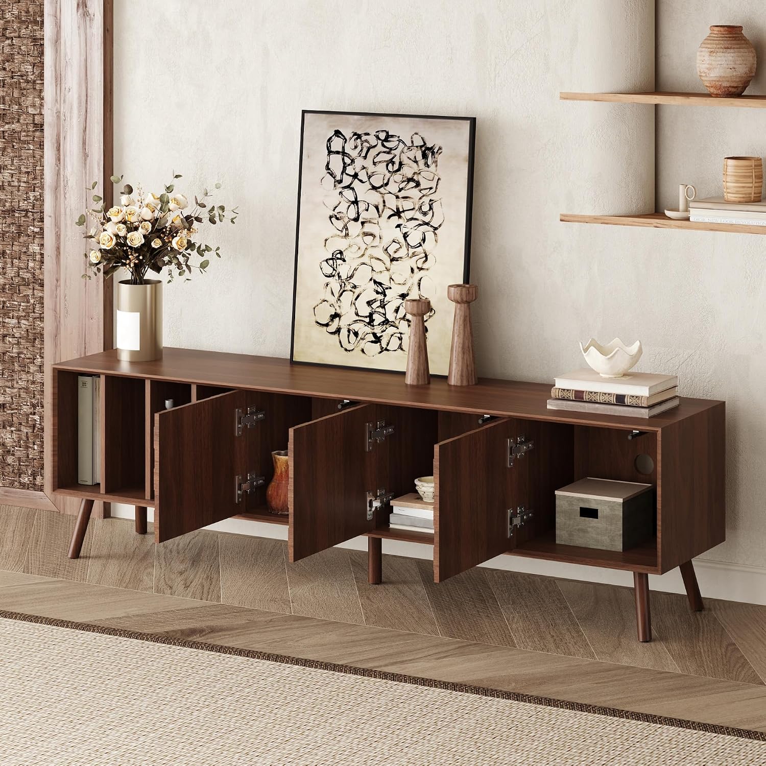 Merax 70' TV Stand for TVs Up to 80', Modern Entertainment Center with 3 Doors and Vertical Open Shelves, Media Console with Unique Mosaic Front Design for Living Room