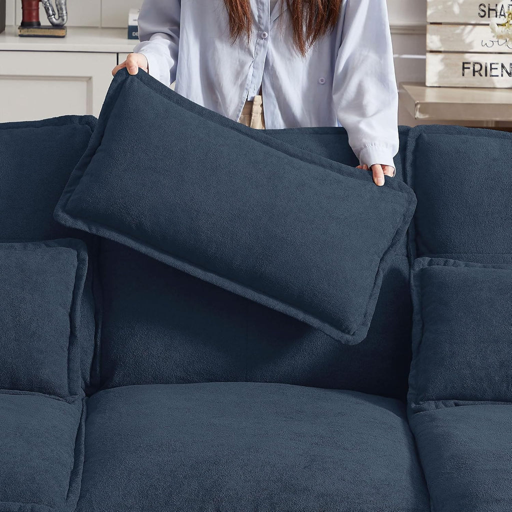 Sectional Cloud Couches for Living Room, 109' U Shaped 4 Seat Comfy Sofa with Double Chaises, Deep Seat Convertible Couch with 2 Layer Seat Cusions Waist Pillows Polyster Fabre, Blue