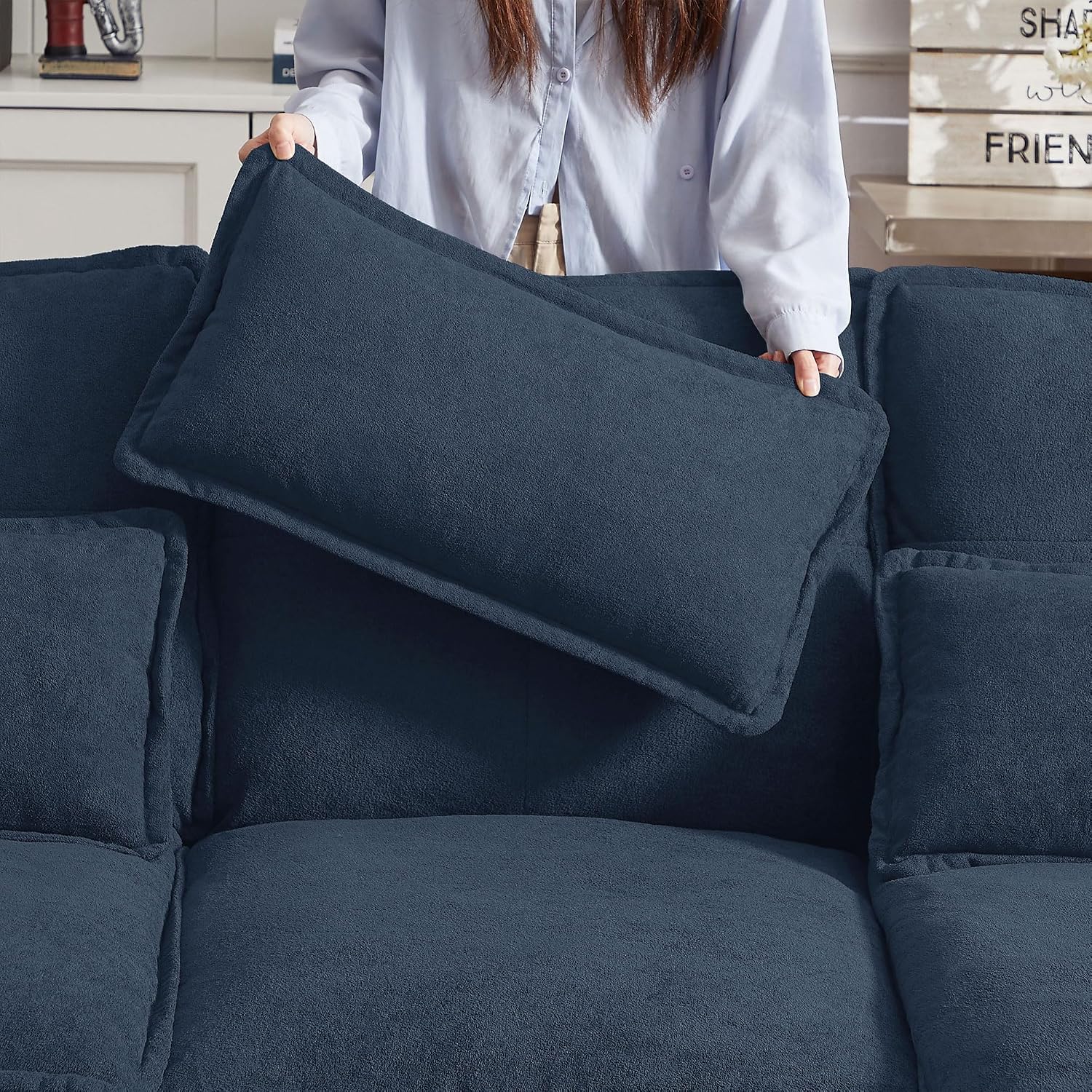 Sectional Cloud Couches for Living Room, 109' U Shaped 4 Seat Comfy Sofa with Double Chaises, Deep Seat Convertible Couch with 2 Layer Seat Cusions Waist Pillows Polyster Fabre, Blue