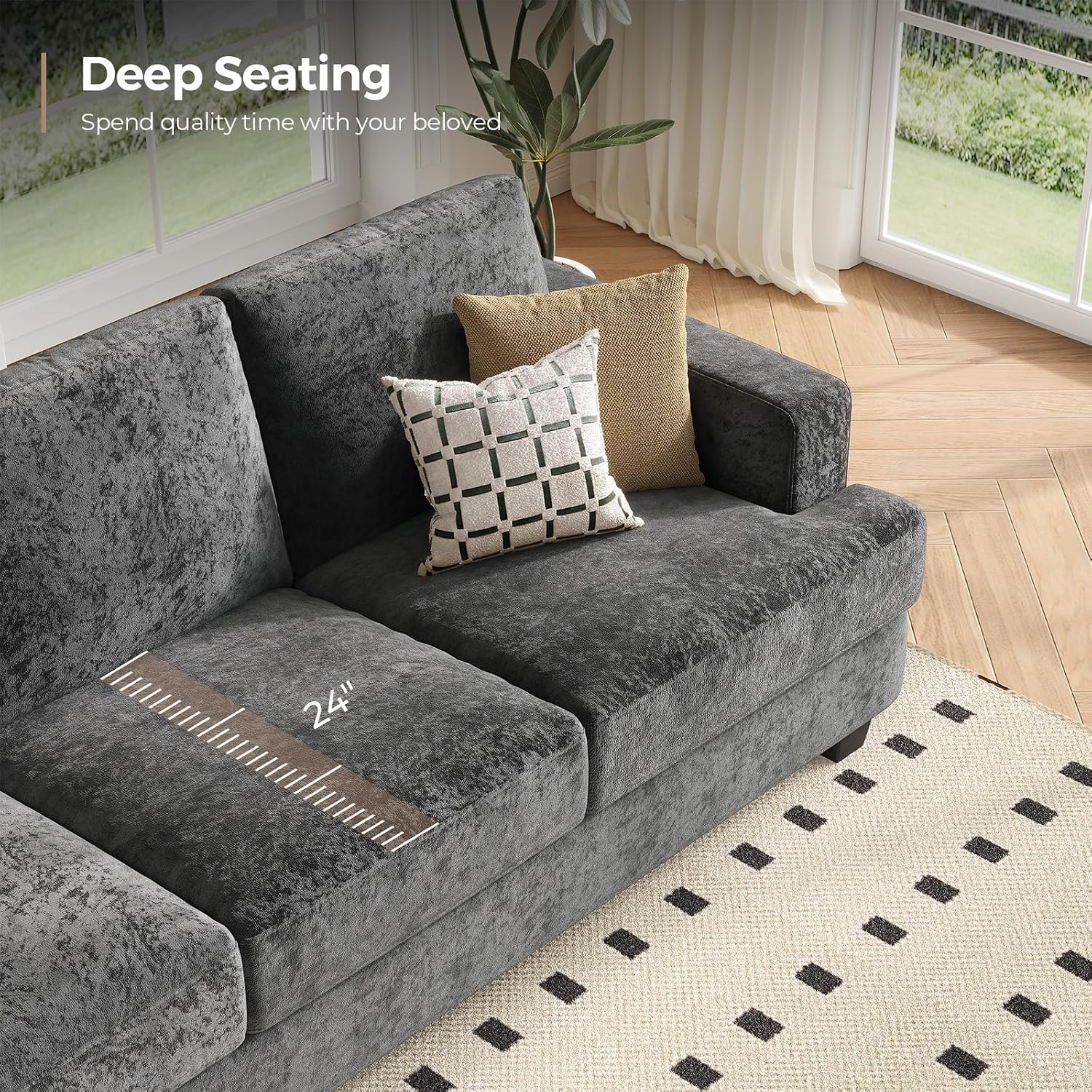 COPIAE 89 Inch Sofa with Extra Deep Seats Oversize,3 Seater Sofa for Living Room, Modern Couch and Sofa, Comfy Armrests and Seats and Backrests, Easy Installation,Chenille Fabric Gray