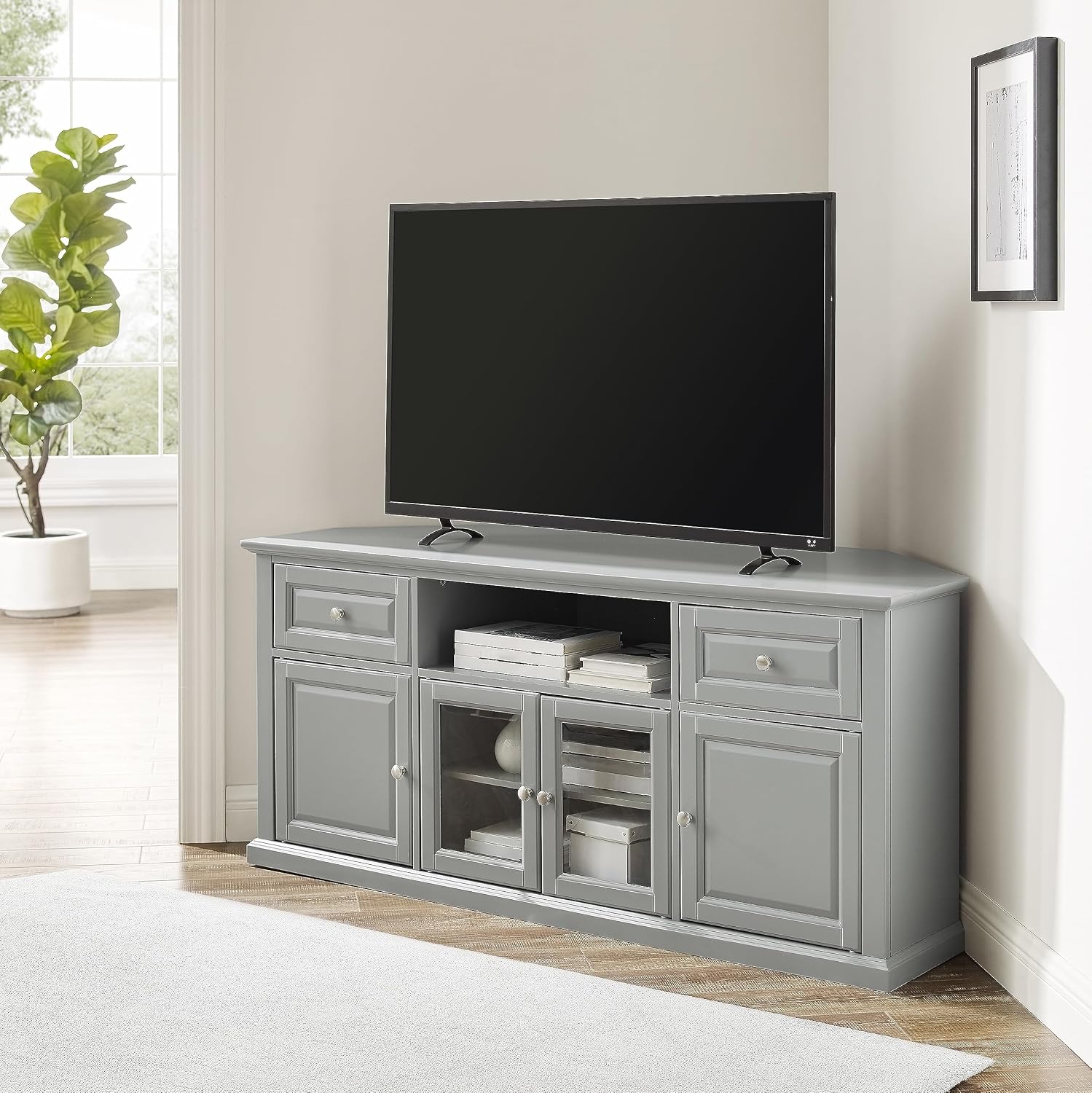 Crosley Furniture Corner TV Stand for 65+ inch TVs, Entertainment Center with Adjustable Storage Shelves, Gray