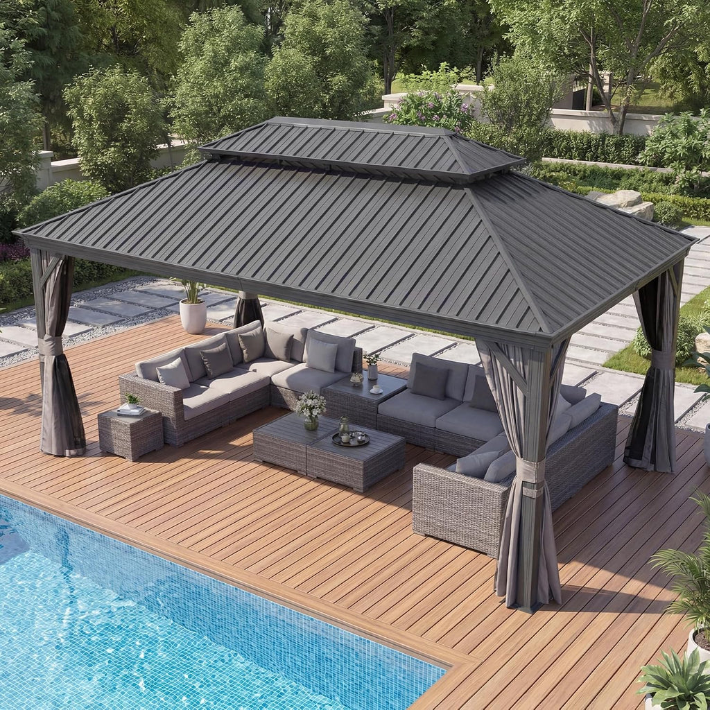 Domi 12x14 Outdoor Gazebo, Hardtop Gazebo with Aluminum Frame, Heavy Duty Pavilion Gazebo for Patio Deck Backyard, Curtain and Netting Included, Grey