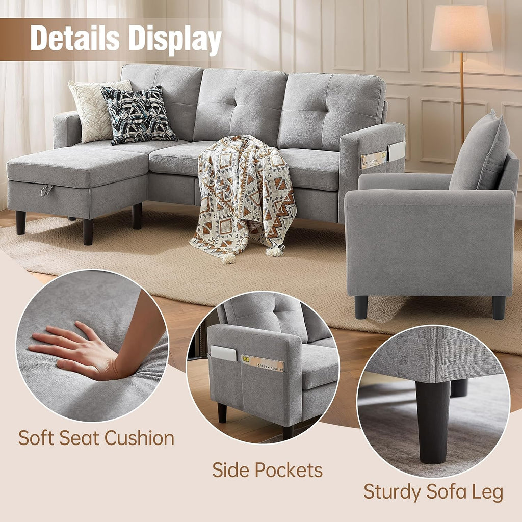 3 Piece Living Room Sofa Sets, Modern 3 Seater Sofa with Storage Ottoman and 2 PSC Armchair Couch Sets, Easy Assembly, Modern 5 Seat Sectional Couches for Living Room, Office, Light Grey