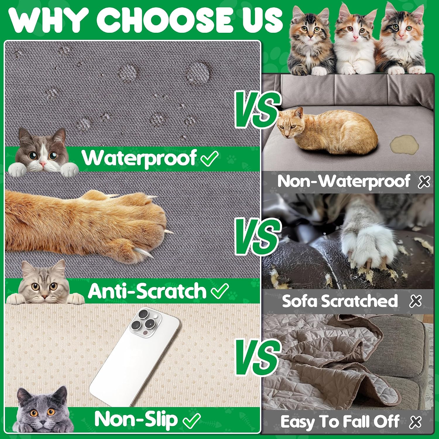 Cat Scratch Furniture Protector - Anti-Slip, Waterproof Sofa Cover to Keep Cats Off, Pet-Friendly Couch Protectors for 3 Cushion Couch, Anti-Scratch Couch Cover for Pets and Kids 150'X91'Dark Gray