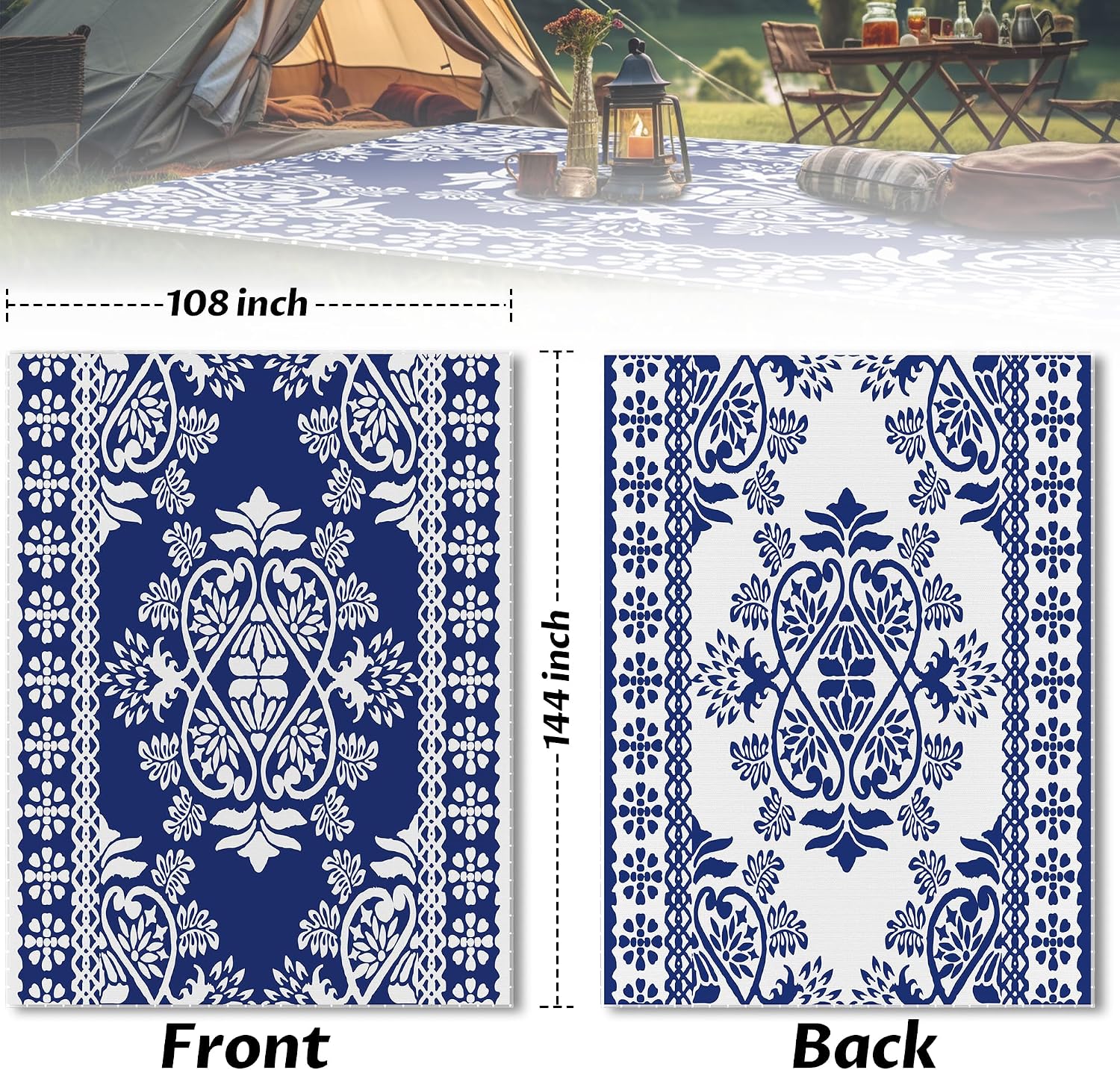 Pafolo Outdoor Rug Waterproof, 9'x12' Reversible Patio Rug with Lights, 4 Rug Stakes, Non Shedding, Easy Cleaning, Foldable Outside Mat for RV, Camping, Porch, Deck, Beach, Patio, Picnic, Blue&White