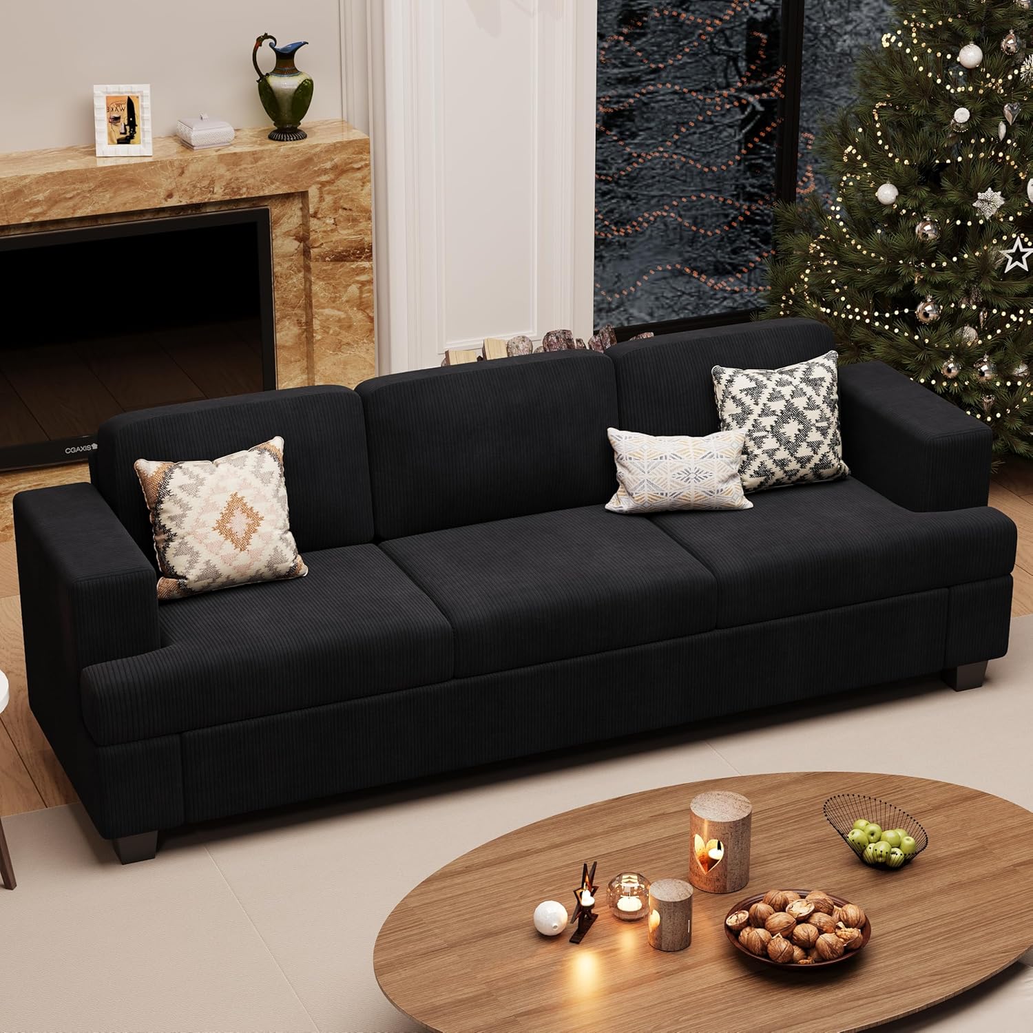 3 Seater Corduroy Couch for Living Room, 89' Black Cloud Sofa, Deep Seat Floor Couch for Bedroom, Futon Modern Sofa Sectional Bed, Black Corduroy