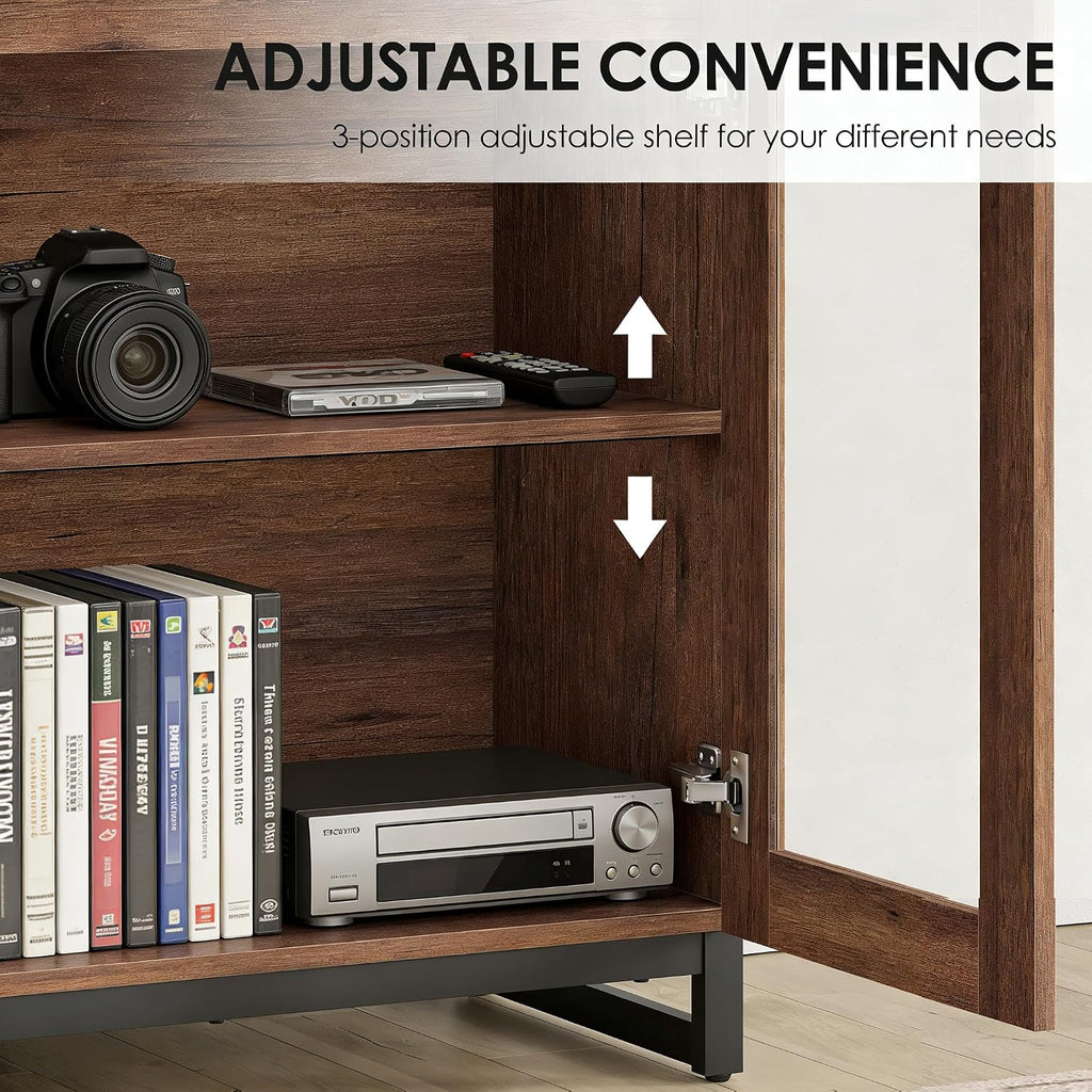 WAMPAT Modern TV Stand with Glass Doors for 26-40 inch TVs, Entertainment Center Console with Adjustable Shelves and Metal Base for Living Room, Bedroom, Brown