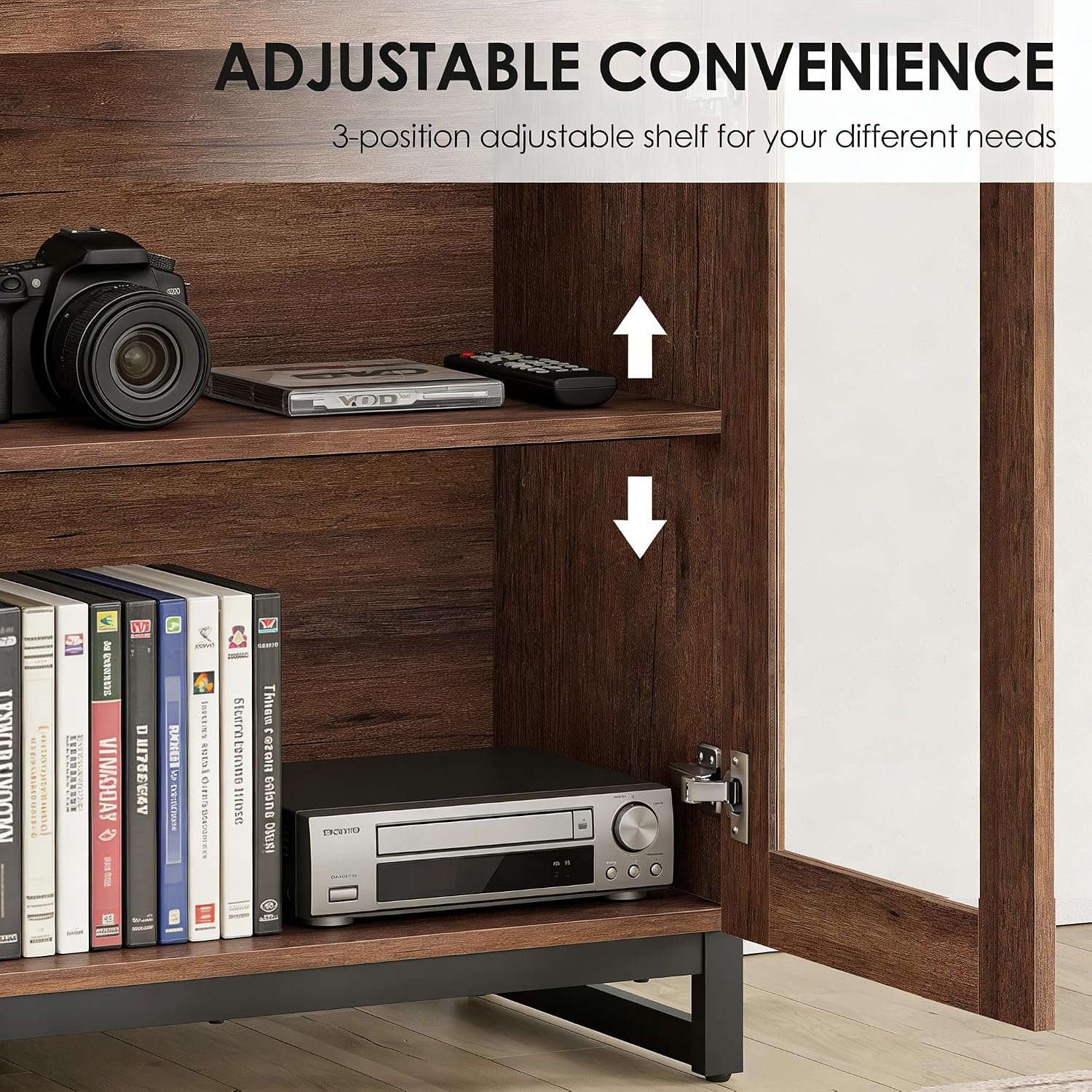 WAMPAT Modern TV Stand with Glass Doors for 26-40 inch TVs, Entertainment Center Console with Adjustable Shelves and Metal Base for Living Room, Bedroom, Brown