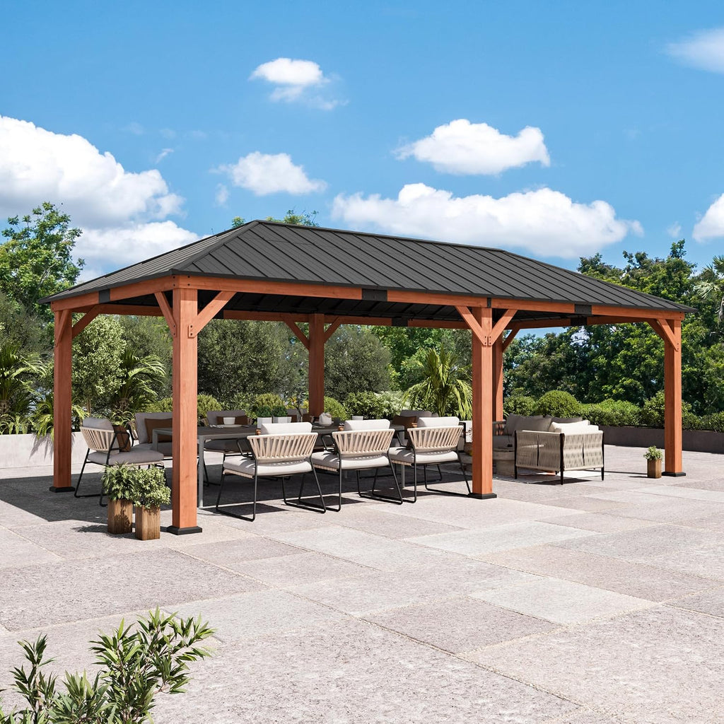 Big Leaf 12'x24' Wood Gazebo with Galvanized Steel Roof - Hardtop Gazebo with Cedar Frame Permanent Outdoor Structure for Garden, Backyard and Patio
