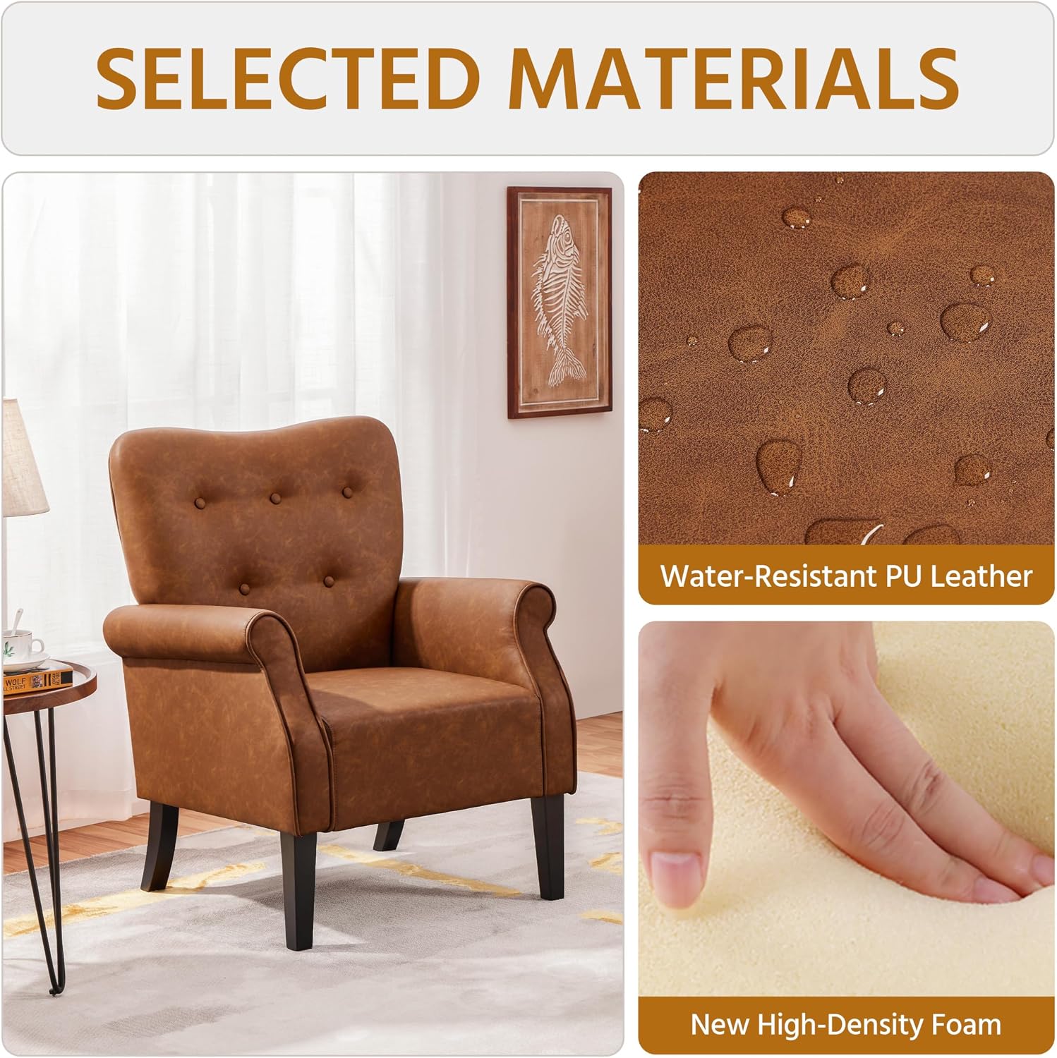 Yaheetech Modern Armchair, Mid Century PU Leather Accent Chair with Sturdy Wood Legs and High Back for Small Space, Upholstered Club Sofa for Living Room/Bedroom, Set of 2, Retro Brown