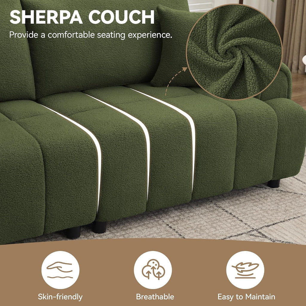 88 'Modern Boucle Sofa Couch, Oversized Comfy 3 Seater Sherpa Curved Sofas Deep Seat, Upholstered Loveseat Teddy Round Arm Couches for Living Room, Bedroom, Green