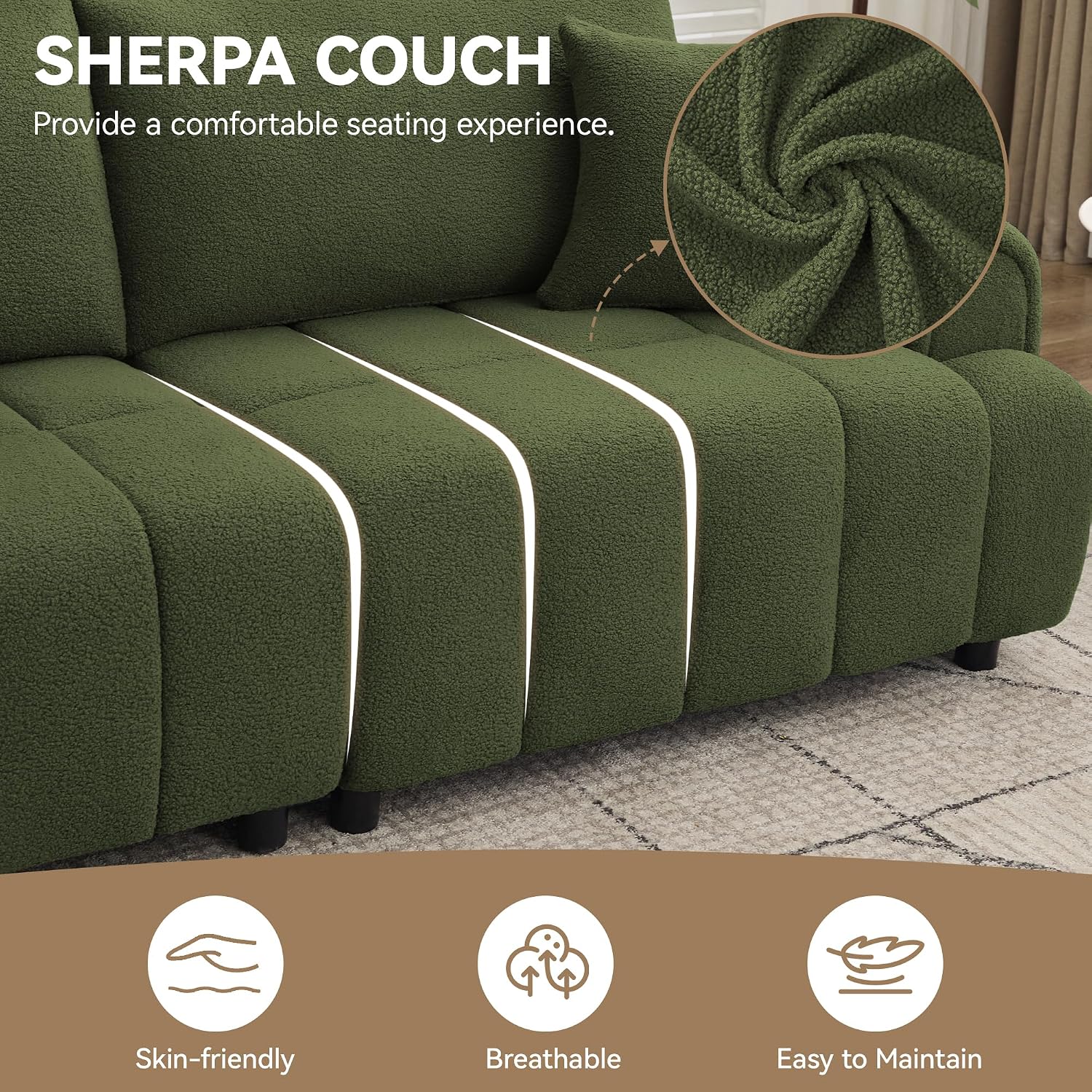88 'Modern Boucle Sofa Couch, Oversized Comfy 3 Seater Sherpa Curved Sofas Deep Seat, Upholstered Loveseat Teddy Round Arm Couches for Living Room, Bedroom, Green