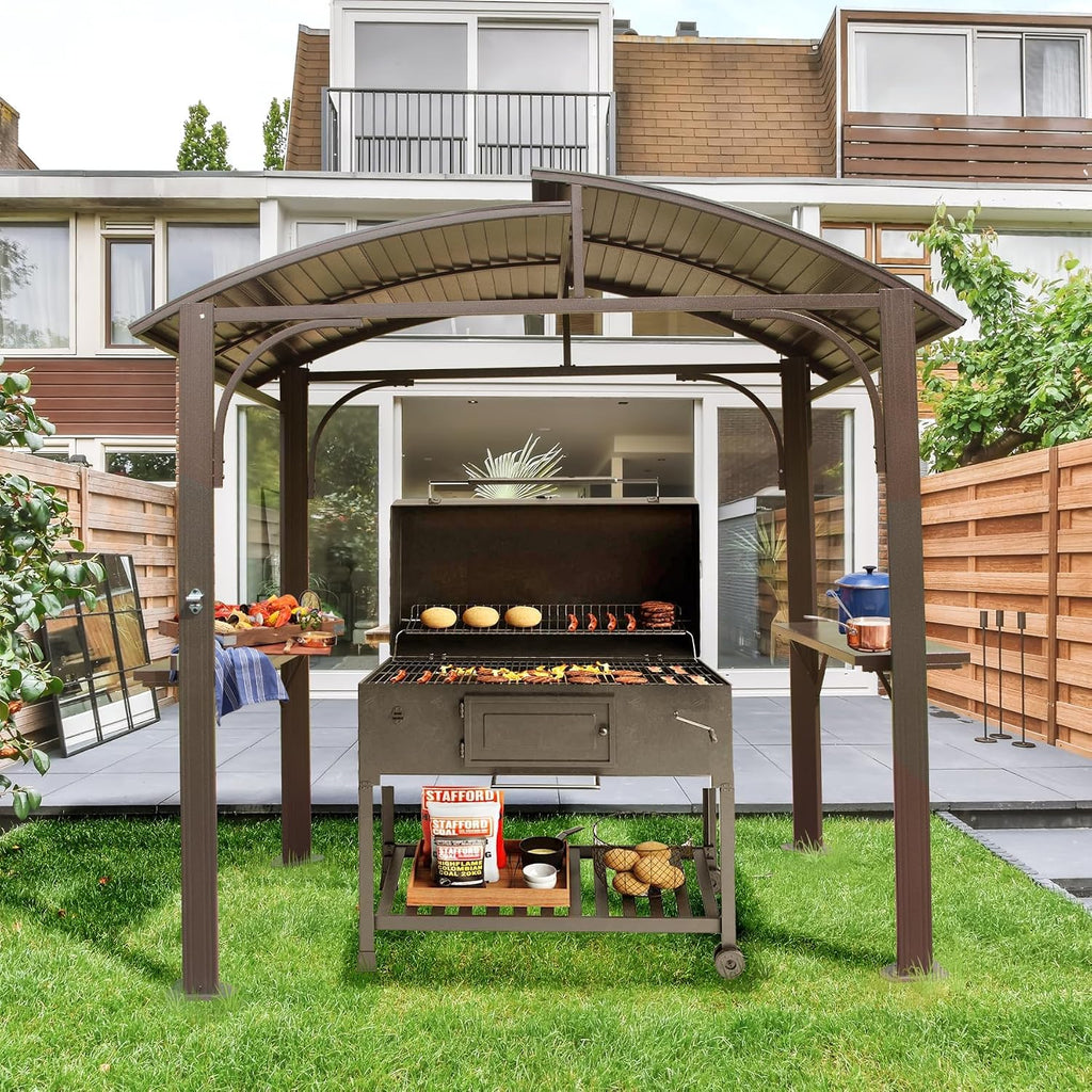 8x5 Grill Gazebo, Outdoor BBQ Gazebo with Double Galvanized Steel Roof, Barbeque Hardtop Grill Gazebo with 2 Side Shelves and Bottle Opener, Metal Grilling Gazebo for Patio, Garden, Backyard (Brown)