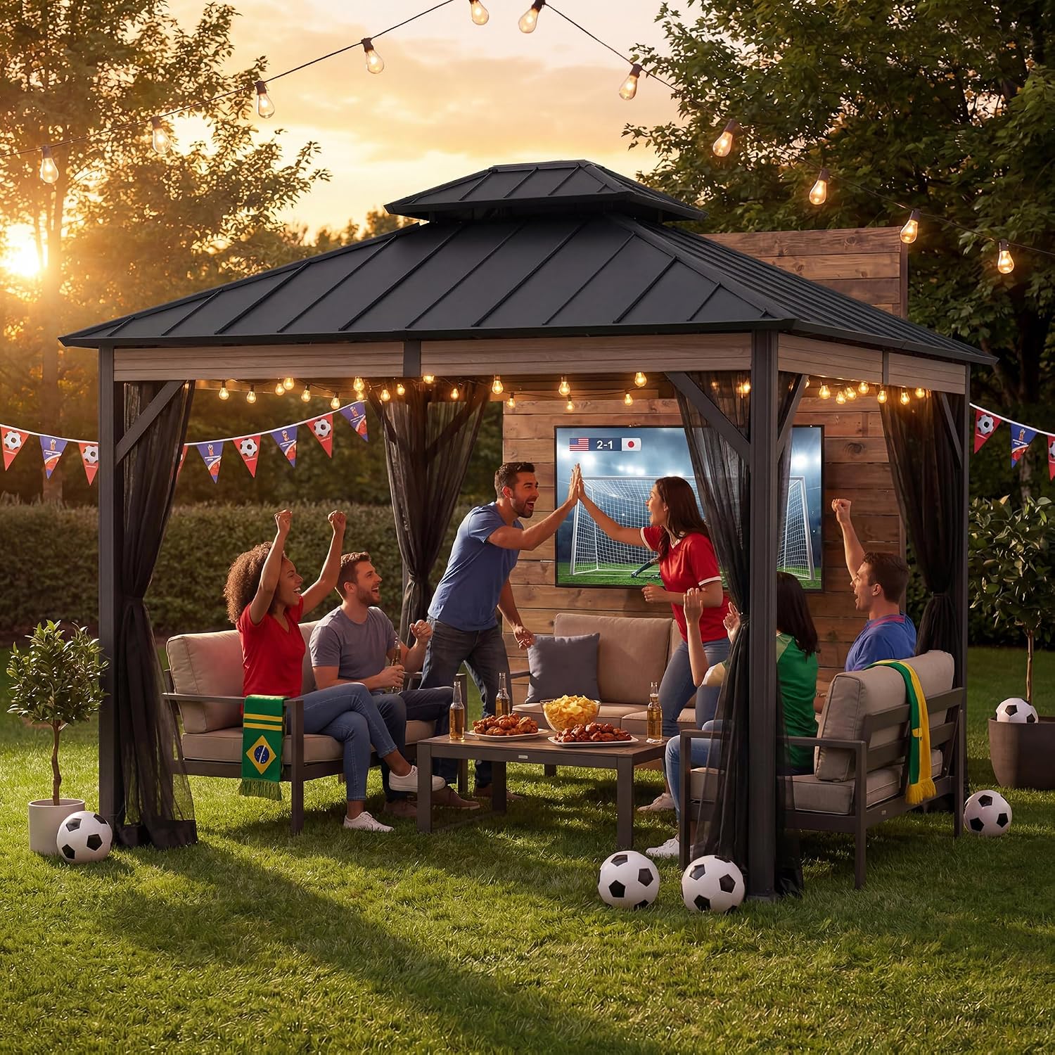 SUNJOY 10x12 Hardtop Gazebo with Heavy-Duty Galvanized Steel Double Roof, Mosquito Netting & Woodgrain Finish Beams, Permanent Pavilion Gazebo for Garden, Patio, Deck, Lawn
