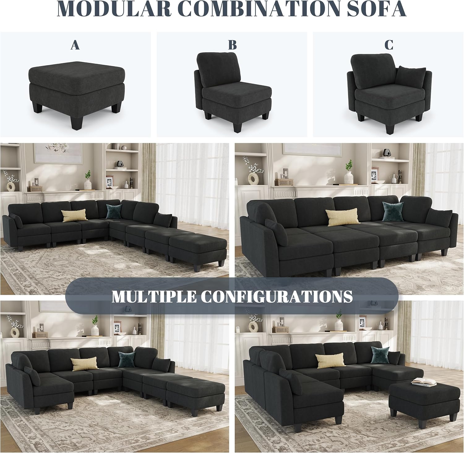 Sectional Sleeper Sofa, 8 Seaters Modular Sleeper Sofa Couch, Comfy Sectionals Couches Bed, Convertible Sofas with Ottomans, Modular Sectional Couches for Living Room, Dark Grey