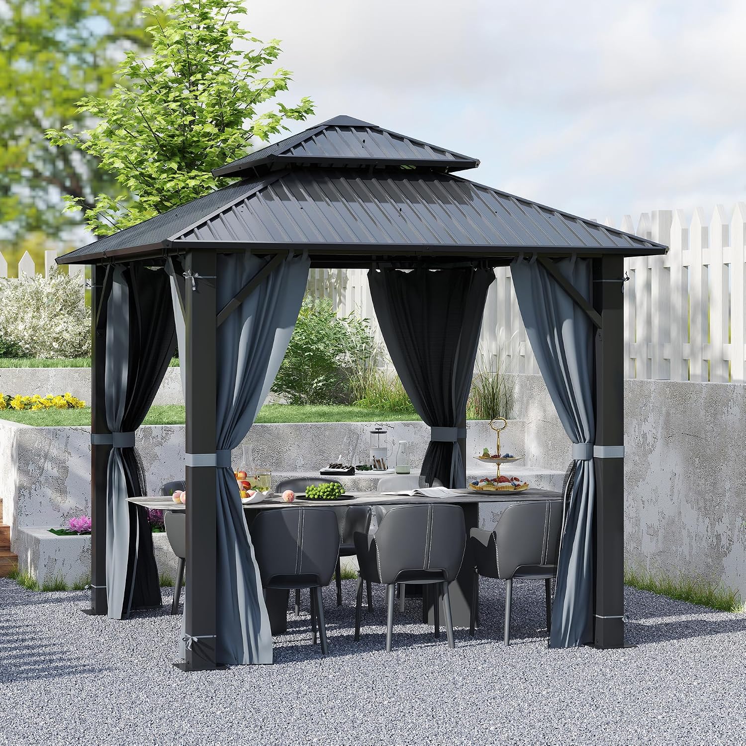8.5'x8.5' Hardtop Gazebo, Heavy Duty Double Roof Galvanized Aluminum gazebos with Netting & Curtain, Outdoor Patio Gazebo for Patio, Backyard, Deck, Lawn (8.5x8.5 FT)