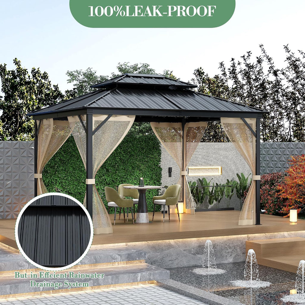 Takywep 10 x14Ft Hardtop Gazebo for All Weather, Outdoor Gazebo with Double Metal Roof, Aluminum Frame Gazebo with Net and Curtain, Heavy Duty Canopy for Patio, Deck, Backyard, Lawn, and Garden