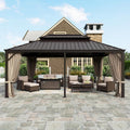 12'x18' Hardtop Aluminum Gazebo, Permanent Outdoor Canopy with Galvanized Steel Double Roof Heavy Duty Pavilion with Curtains and Netting for Garden Patio Lawn Deck