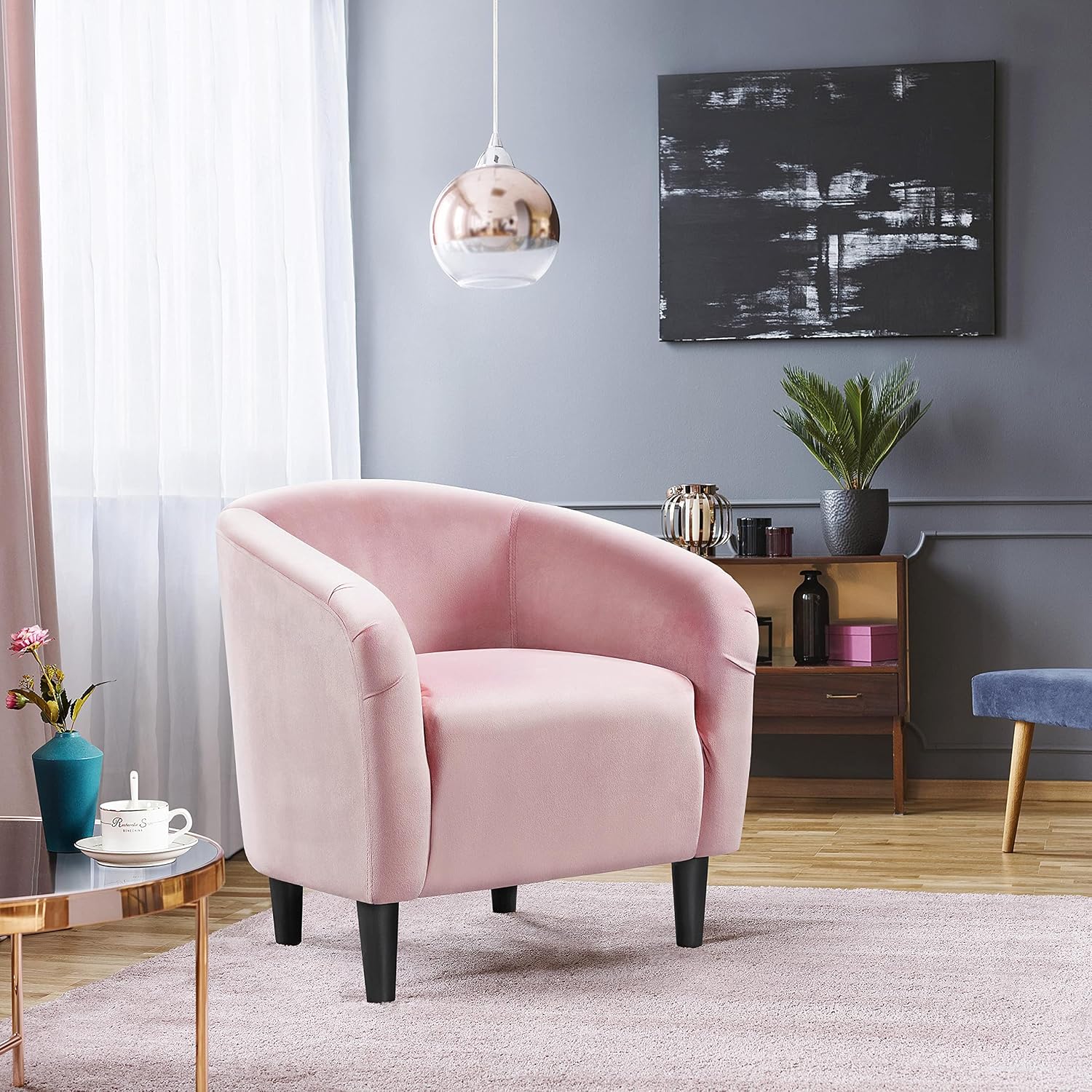 Yaheetech Accent Barrel Chair, Boucle Fabric Club Chair, Furry Sherpa Elegant Armchair with Cozy Soft Padded, Suitable for Living Room Bedroom Reception Room Office, Pink