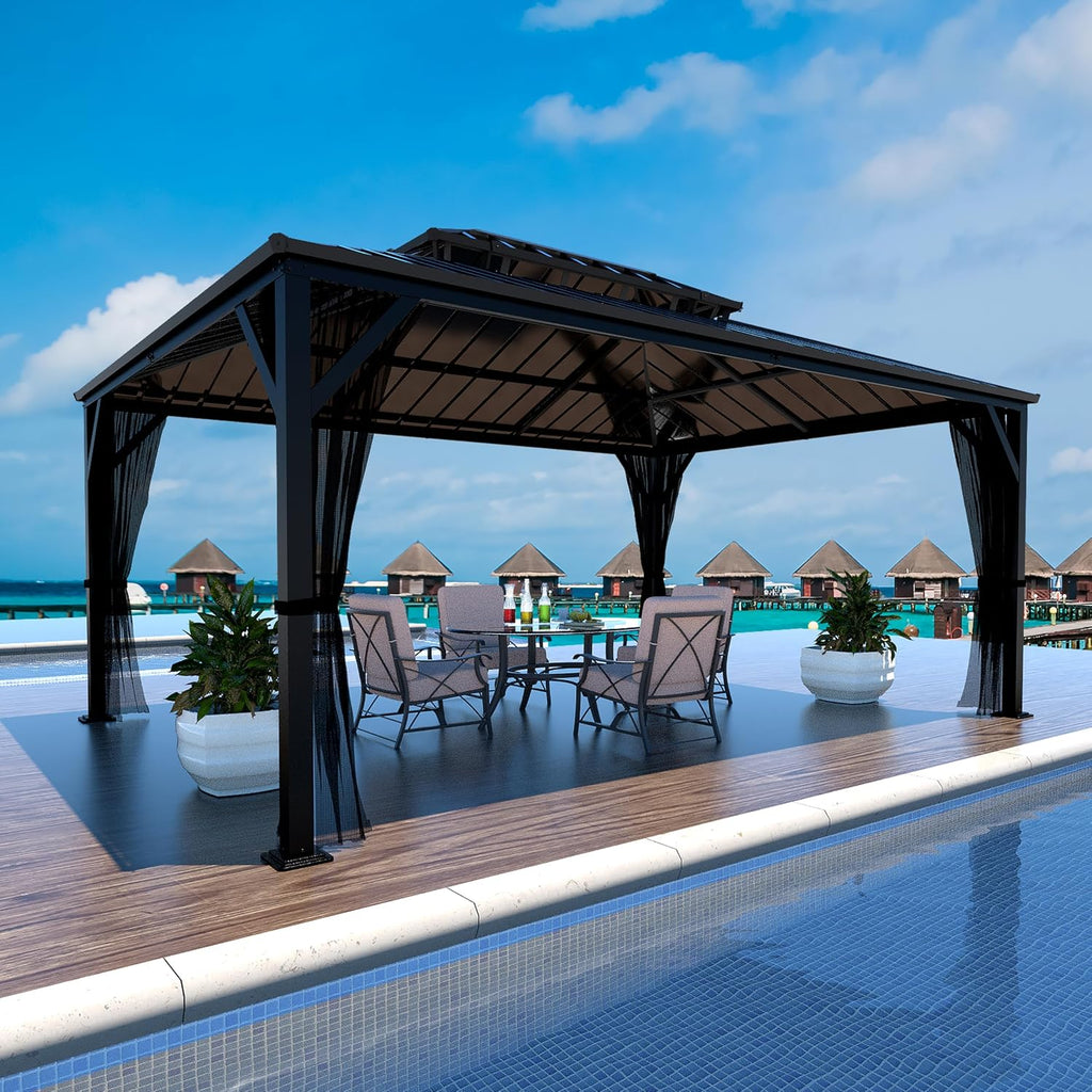 BlueWish 12x16 FT Hardtop Gazebo Canopy with Double Galvanized Steel Roof, Permanent Outdoor Pavilion with Mesh Netting for Patio, Garden, Backyard, Deck, Black