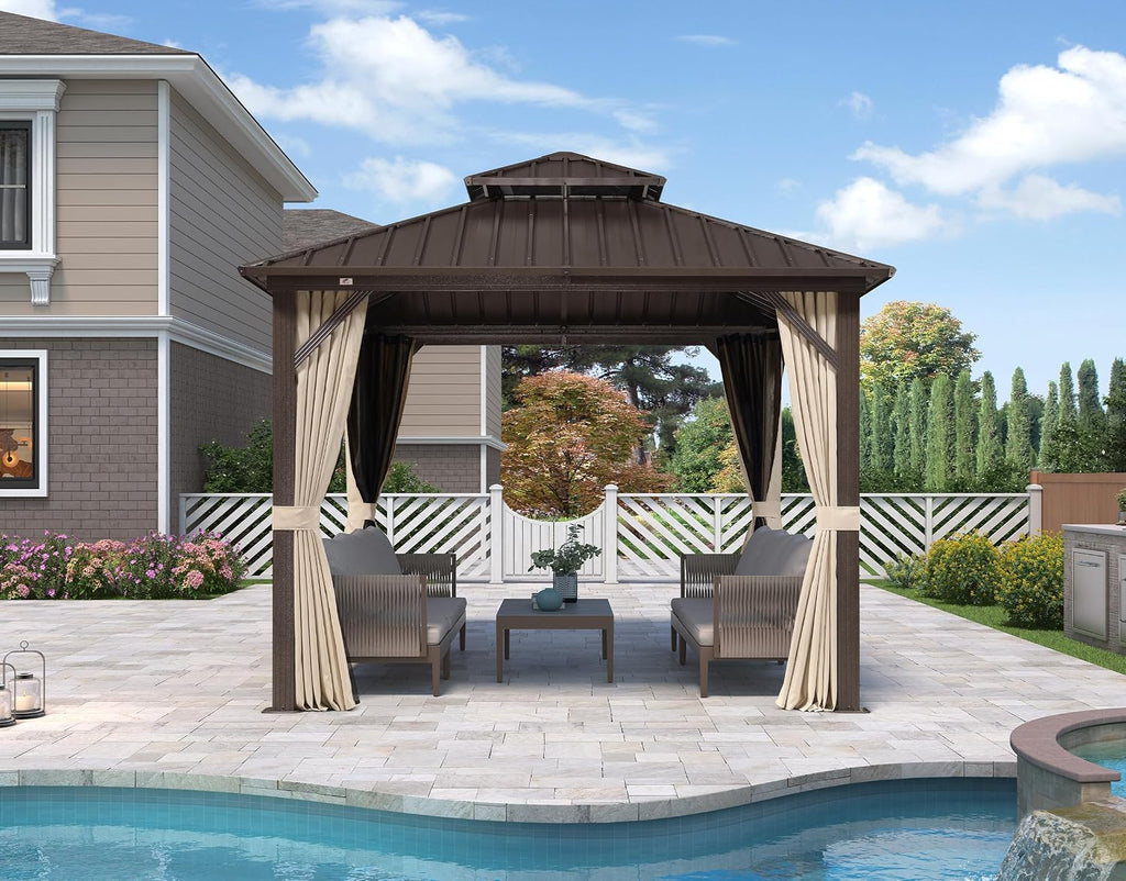 PURPLE LEAF 10' X 10' Outdoor Hardtop Gazebo Metal Frame Galvanized Steel Double Roof with Curtains and Nettings for Patio Desk Backyard Bronze