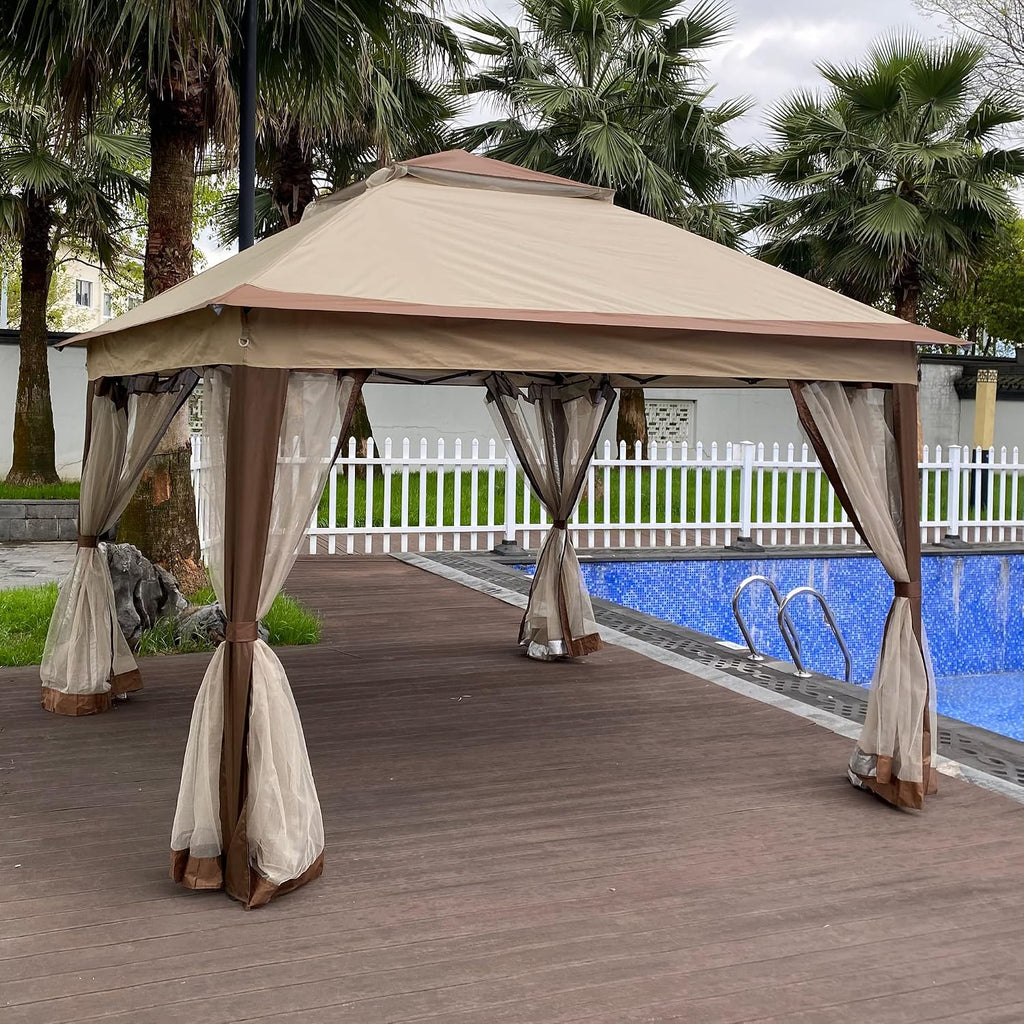 11x11 Ft Pop Up Gazebo with Removable Zipper Netting, Outdoor Gazebo Tent with Double Roof & Height Adjustable Leg, Easy Up Canopy Tent with Carry Bag for Backyard, Deck, Patio Shade (Beige)
