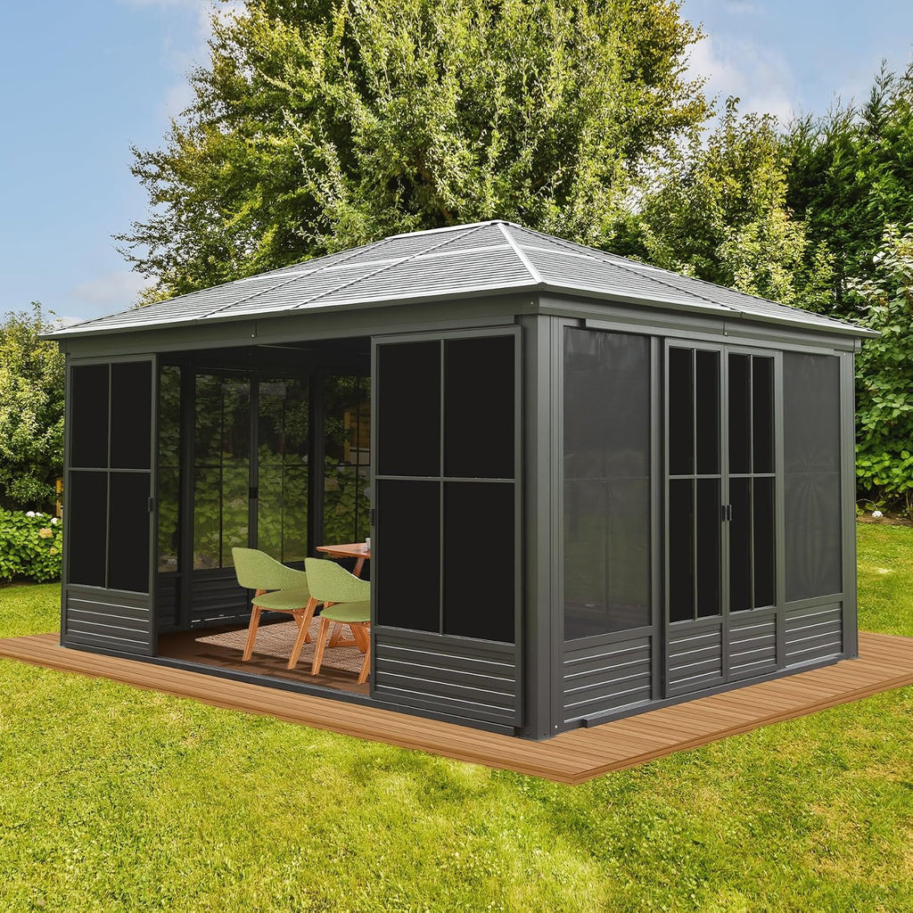 Domi 12x14FT Outdoor Sunroom, Galvanized Steel Hardtop Enclose Gazebo Sloping Roof, All Weather Aluminum Solarium Screen House for Patio Deck Backyard with Lockable Door, Moveable PVC Screen