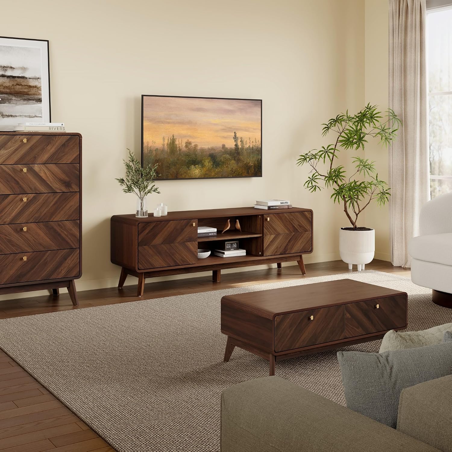 LuxenHome 63' Mid Century Modern TV Stand, TV Stands for Living Room for TVs up to 65', Entertainment Center with Storage, Wood TV Console with Tapered Legs, Television Stands