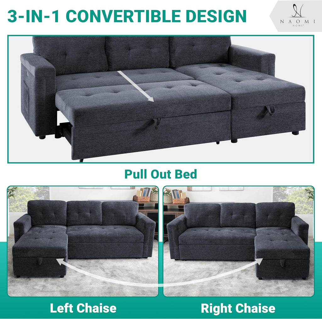 Naomi Home L-Shaped Sectional Sleeper Sofa with USB Ports - Convertible Pull-Out Bed, Ample Storage, Timeless Design, Durable Construction Gray/Microfiber