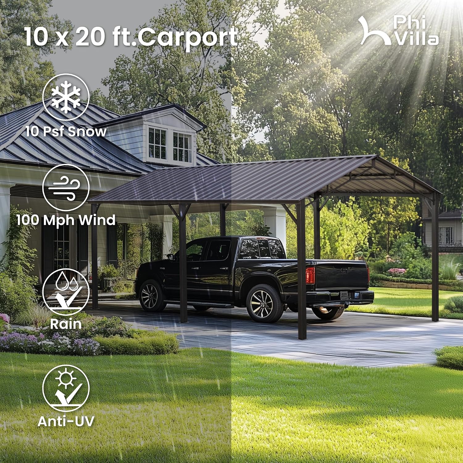 PHI VILLA 10x20 ft Carport, Metal Carports Canopy Heavy Duty Car Port Portable Garage with Galvanized Steel Roof Multi-Use Shelter, Sturdy Outdoor Car Ports for Cars, Boats and Tractors