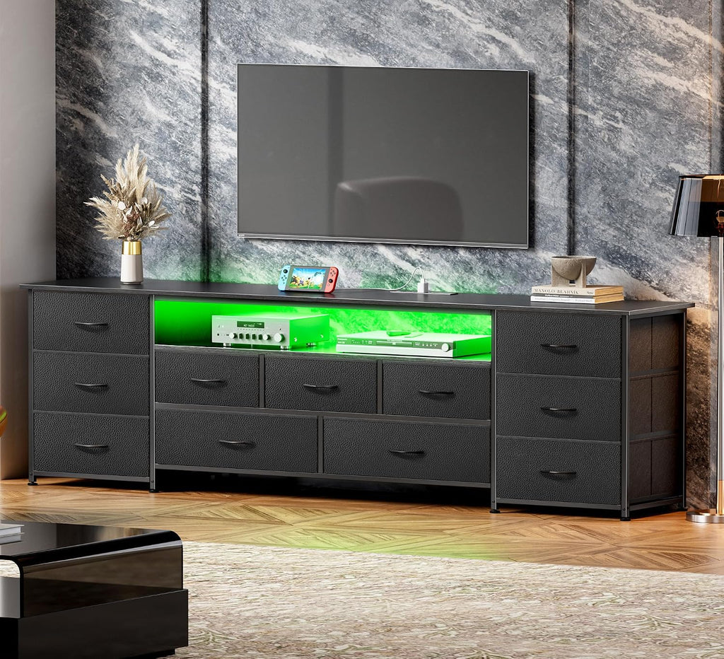 Huuger 78.7 Inch TV Stand for 75, 80 Inch TV, 11 Drawer Long Dresser with Power Outlets and LED Lights, Entertainment Center with Storage, Black Dresser with PU Leather Surface