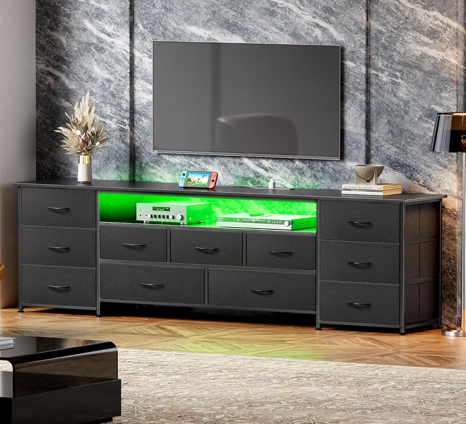 Huuger 78.7 Inch TV Stand for 75, 80 Inch TV, 11 Drawer Long Dresser with Power Outlets and LED Lights, Entertainment Center with Storage, Black Dresser with PU Leather Surface