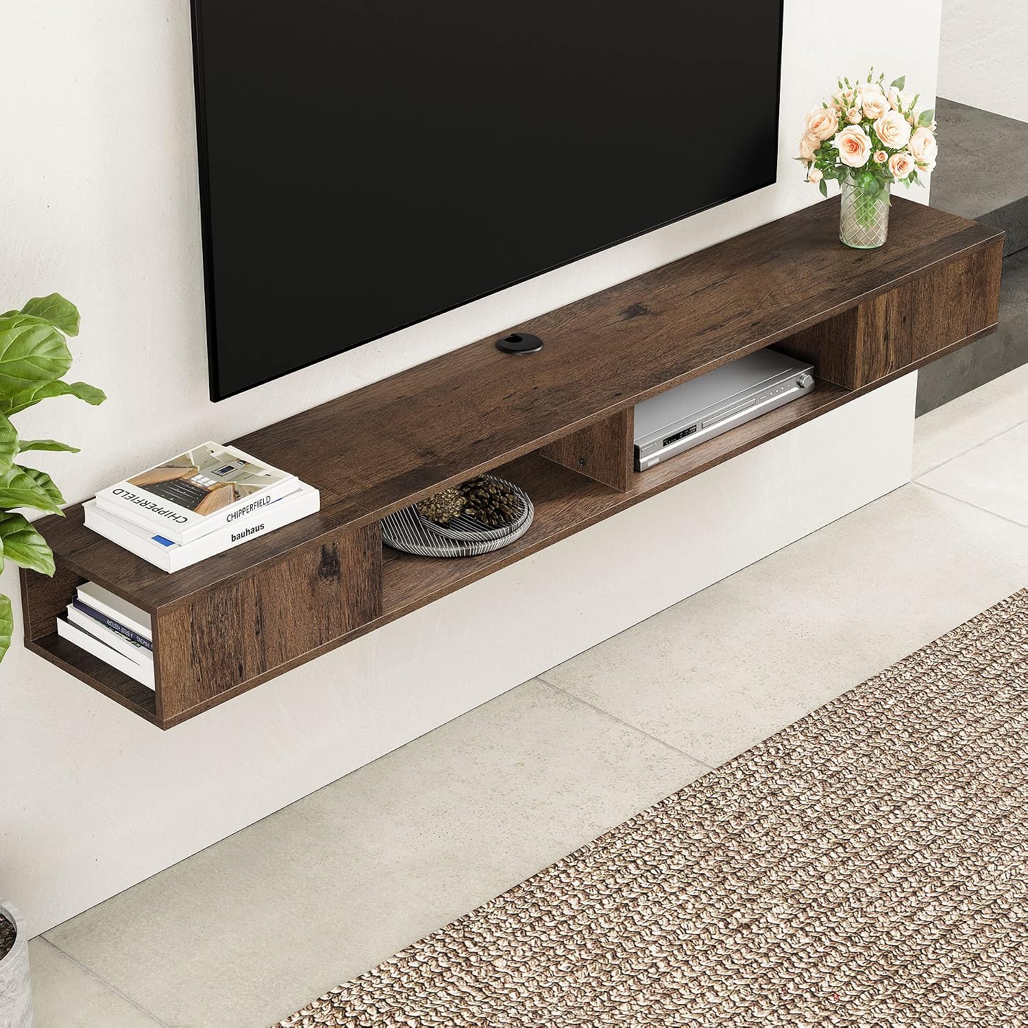 WAMPAT Floating TV Stand, 70 inch Media Console for 75 inch TV, Wall Mounted Storage for Living Room, Brown