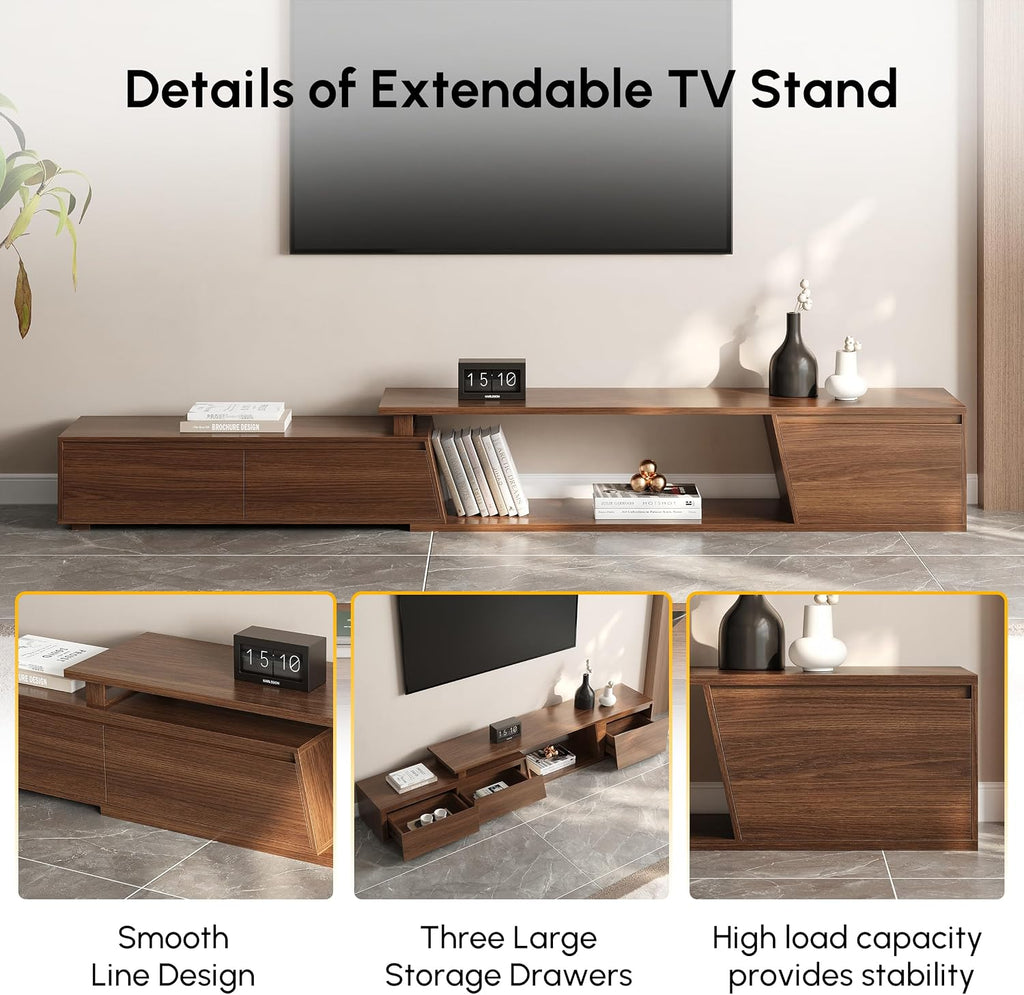 homary Mid Century Walnut TV Stand & Coffee Table Set, Extendable TV Console for 120' TV with Storage Drawers, Modern Engineered Wood Living Room Furniture