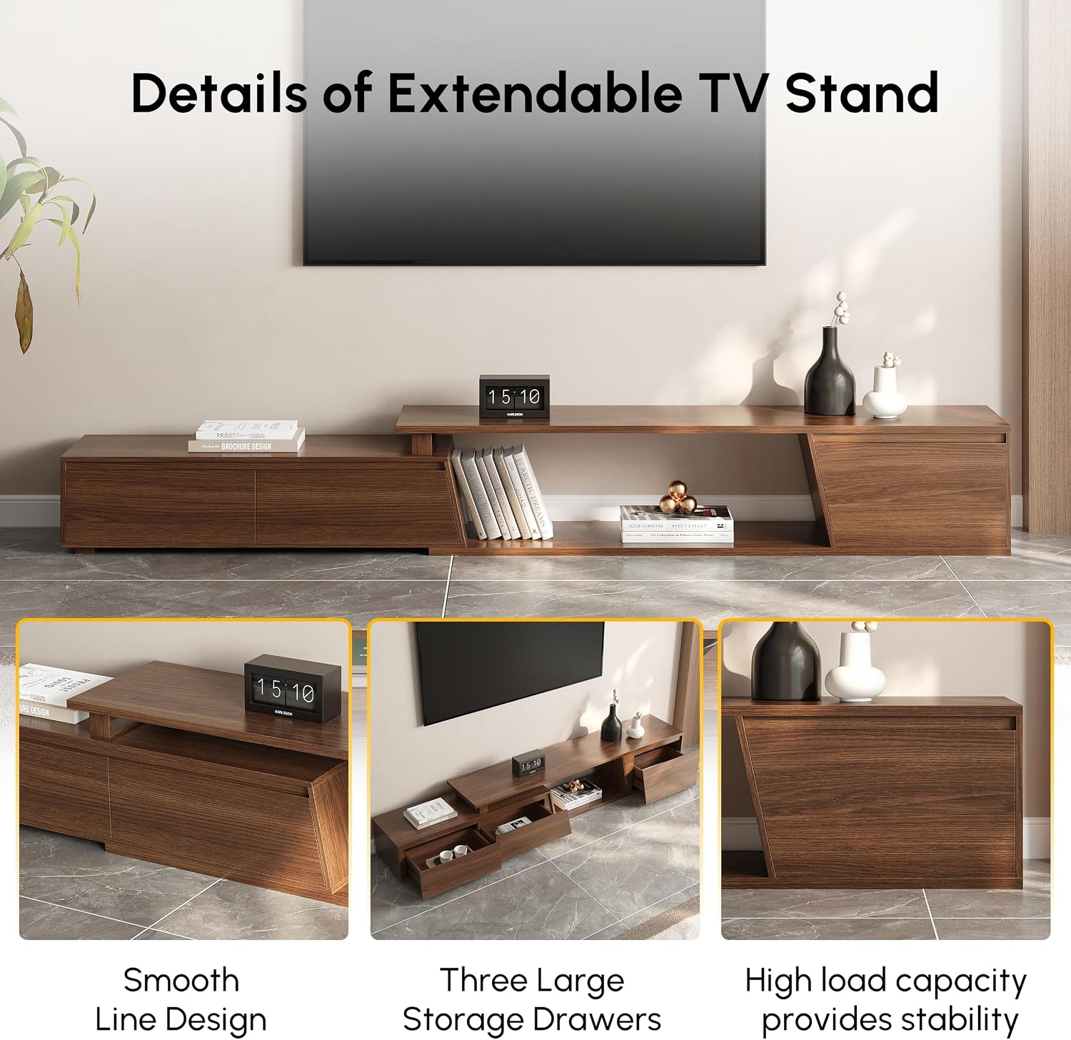 homary Mid Century Walnut TV Stand & Coffee Table Set, Extendable TV Console for 120' TV with Storage Drawers, Modern Engineered Wood Living Room Furniture